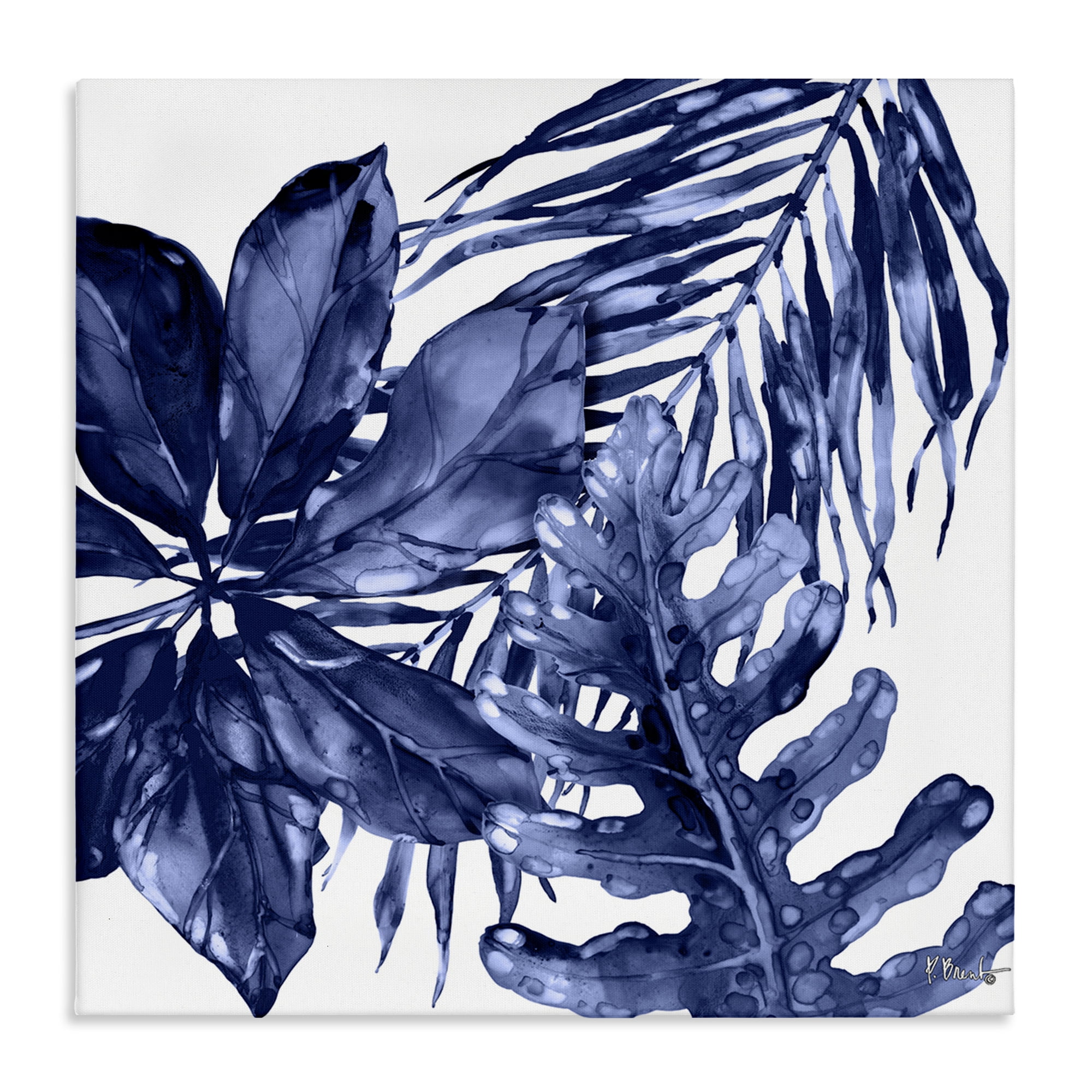 Blue Botanical Plant Leaves Canvas Wall Art, 17 x 17