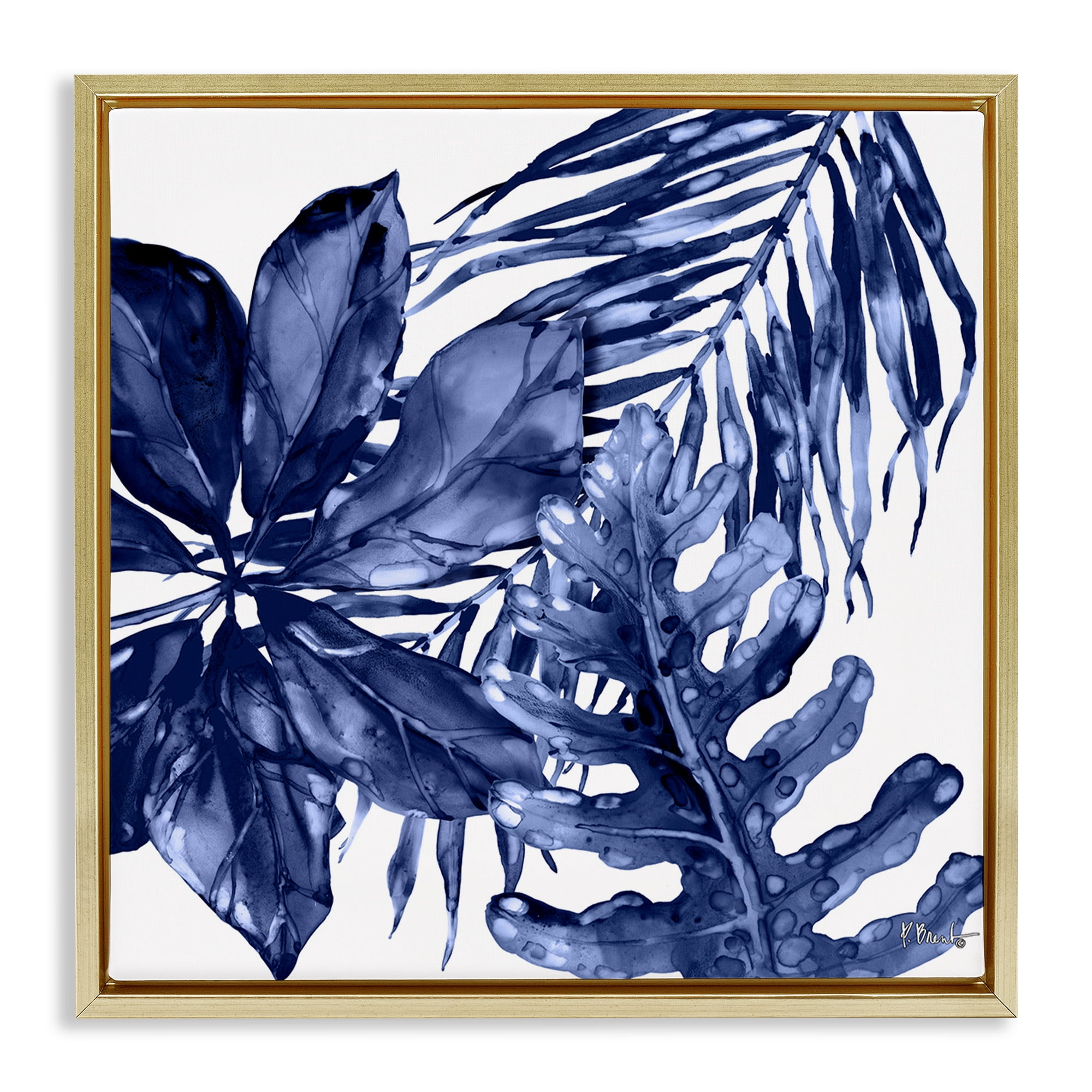 Stupell Industries Blue Hued Plant Leaves Botanical & Floral Painting Gold Floater Framed Canvas Art Print Wall Art, 25 x 25