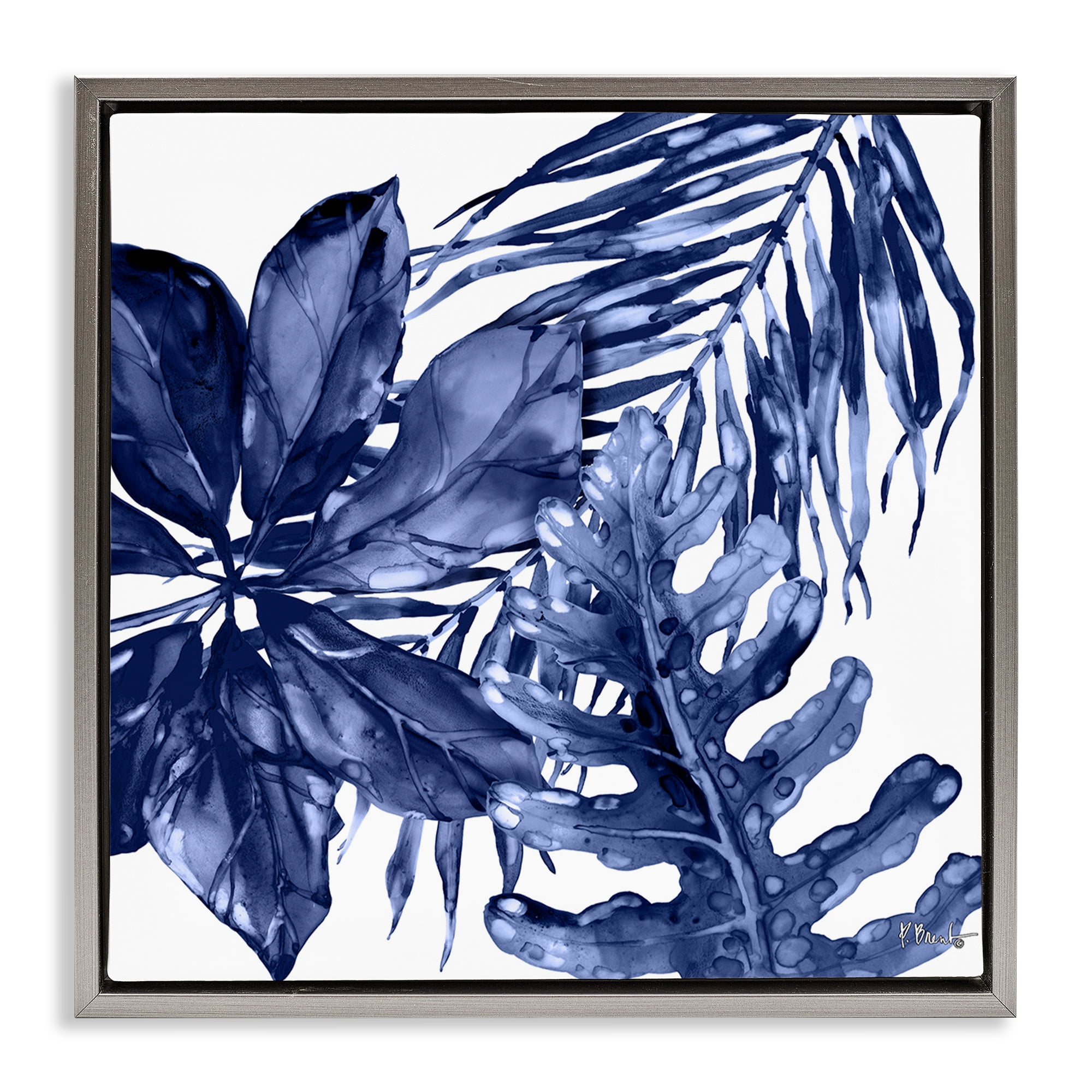 Stupell Industries Blue Hued Plant Leaves Botanical & Floral Painting Gray Floater Framed Canvas Art Print Wall Art, 18 x 18