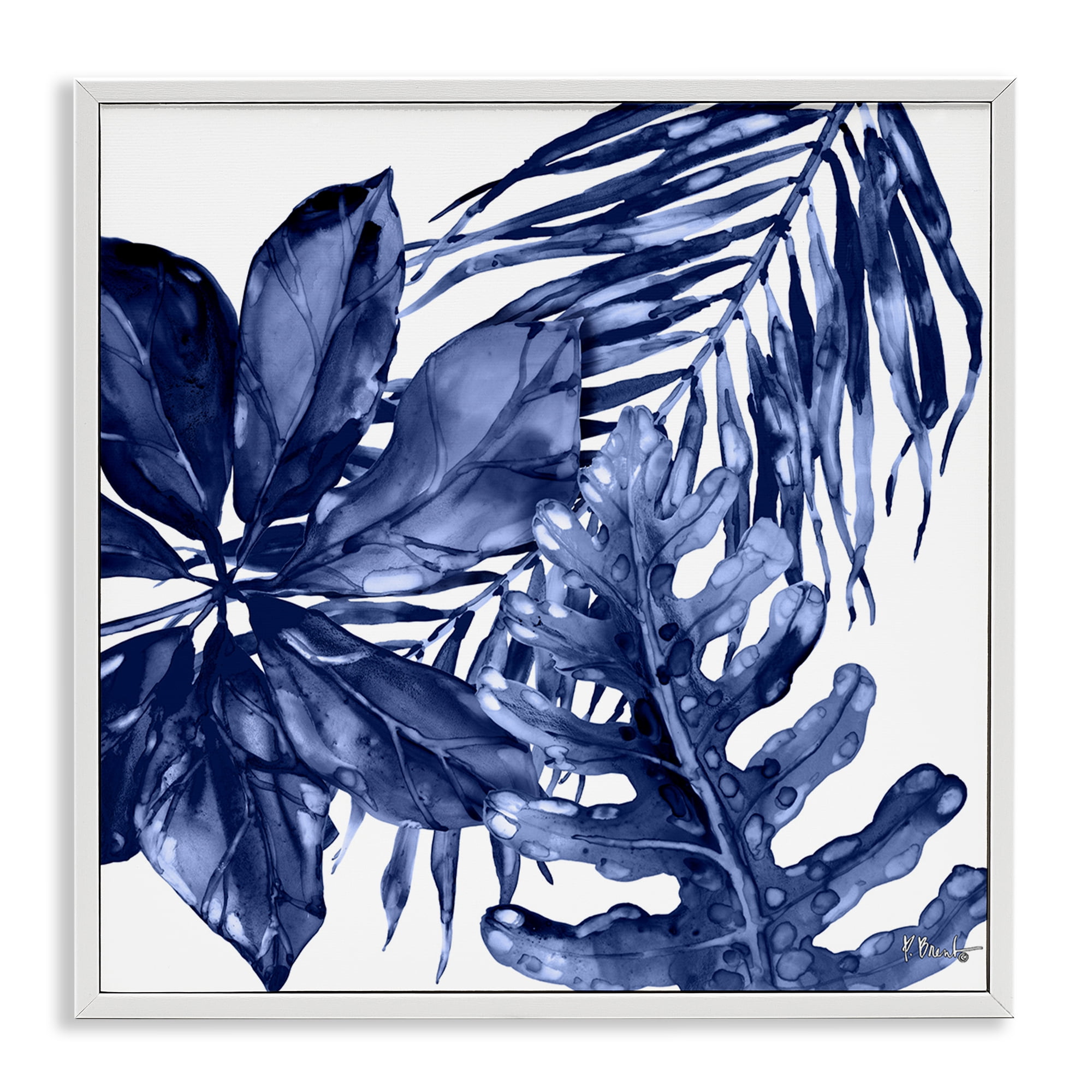 Stupell Industries Blue Hued Plant Leaves Botanical & Floral Painting White Framed Art Print Wall Art, 17 x 17