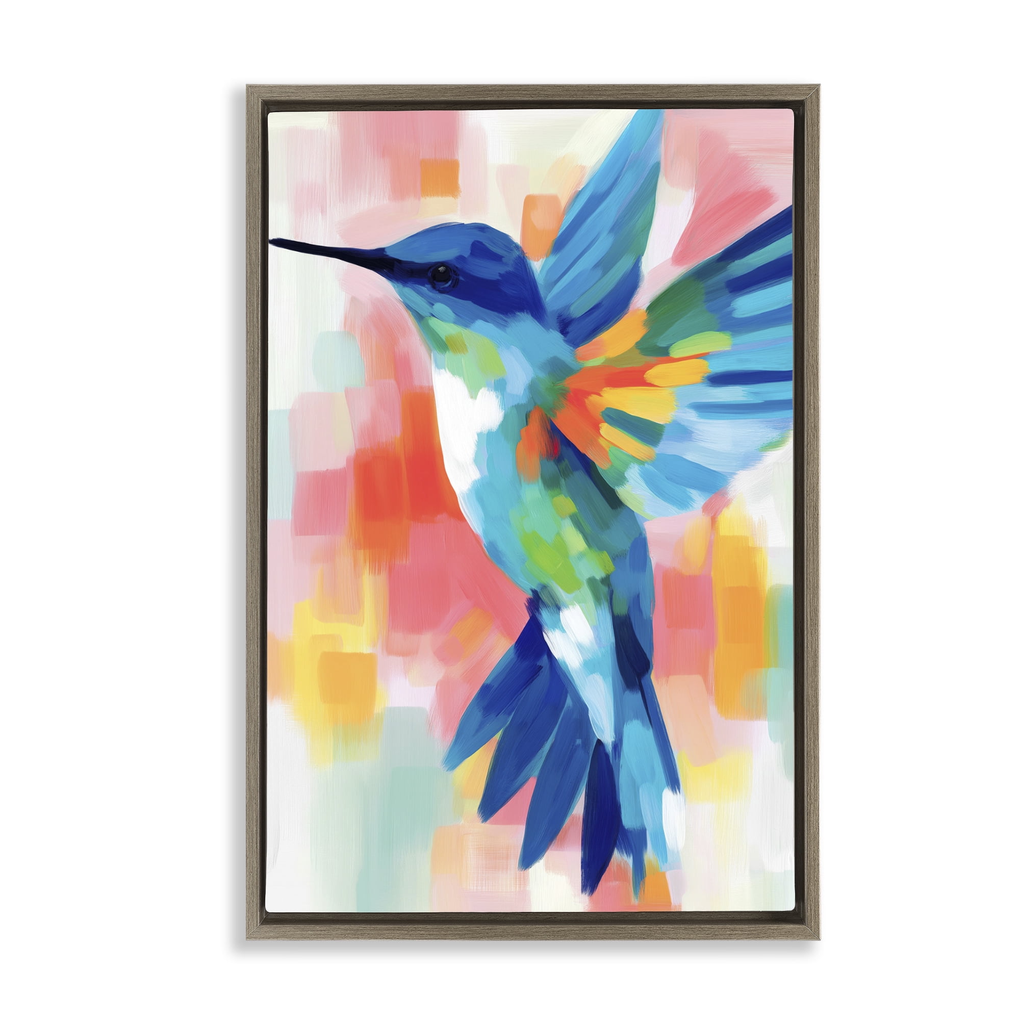 Stupell Industries Blue Hummingbird in Flight Brown Framed Floater Canvas Wall Art, design by Chromatic Storm Studio