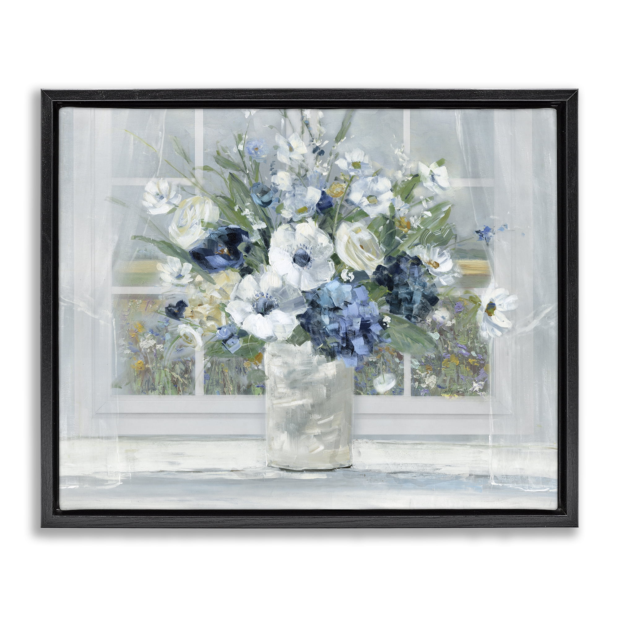 Stupell Industries Blue Hydrangea & Anemone Bouquet Black Framed Floater Canvas Wall Art, design by Sally Swatland