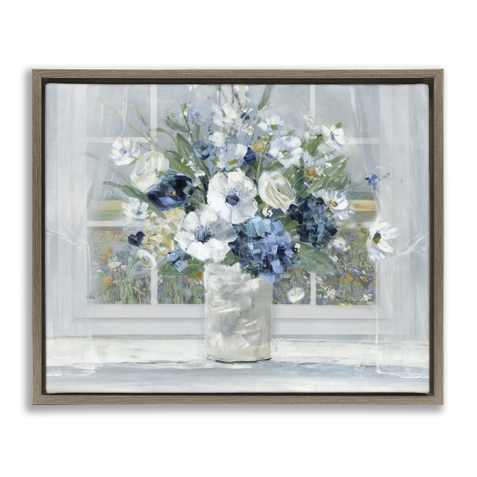 Stupell Industries Blue Hydrangea & Anemone Bouquet Brown Framed Floater Canvas Wall Art, design by Sally Swatland