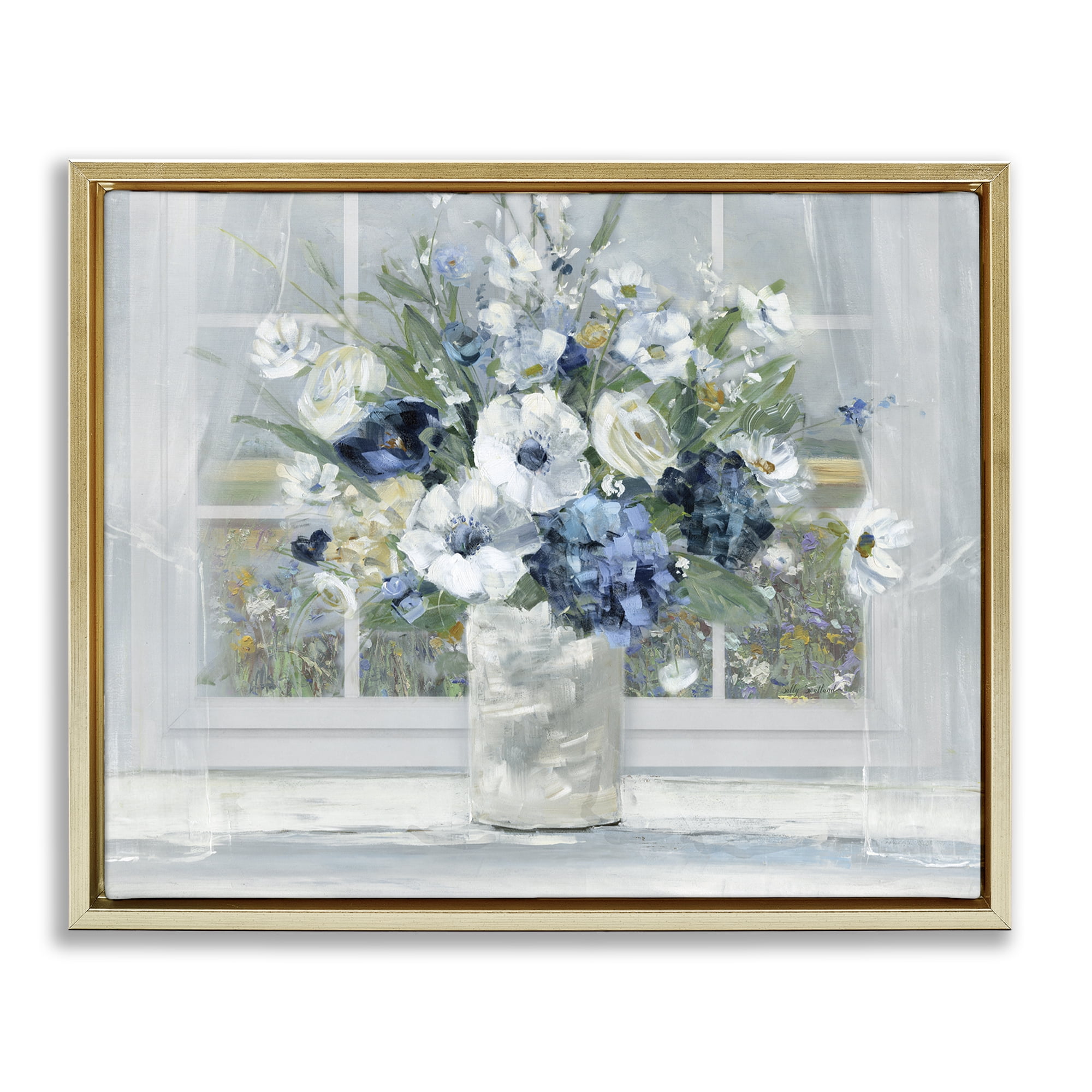 Stupell Industries Blue Hydrangea & Anemone Bouquet Gold Framed Floater Canvas Wall Art, design by Sally Swatland