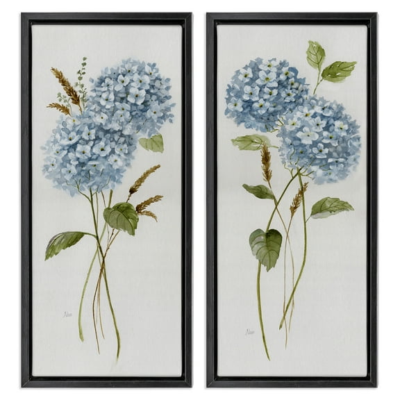 Stupell Industries Blue Hydrangea Long Stems Botanical & Floral Painting Black Floater Framed Canvas Art Print Wall Art, 11 x 25, Set of 2
