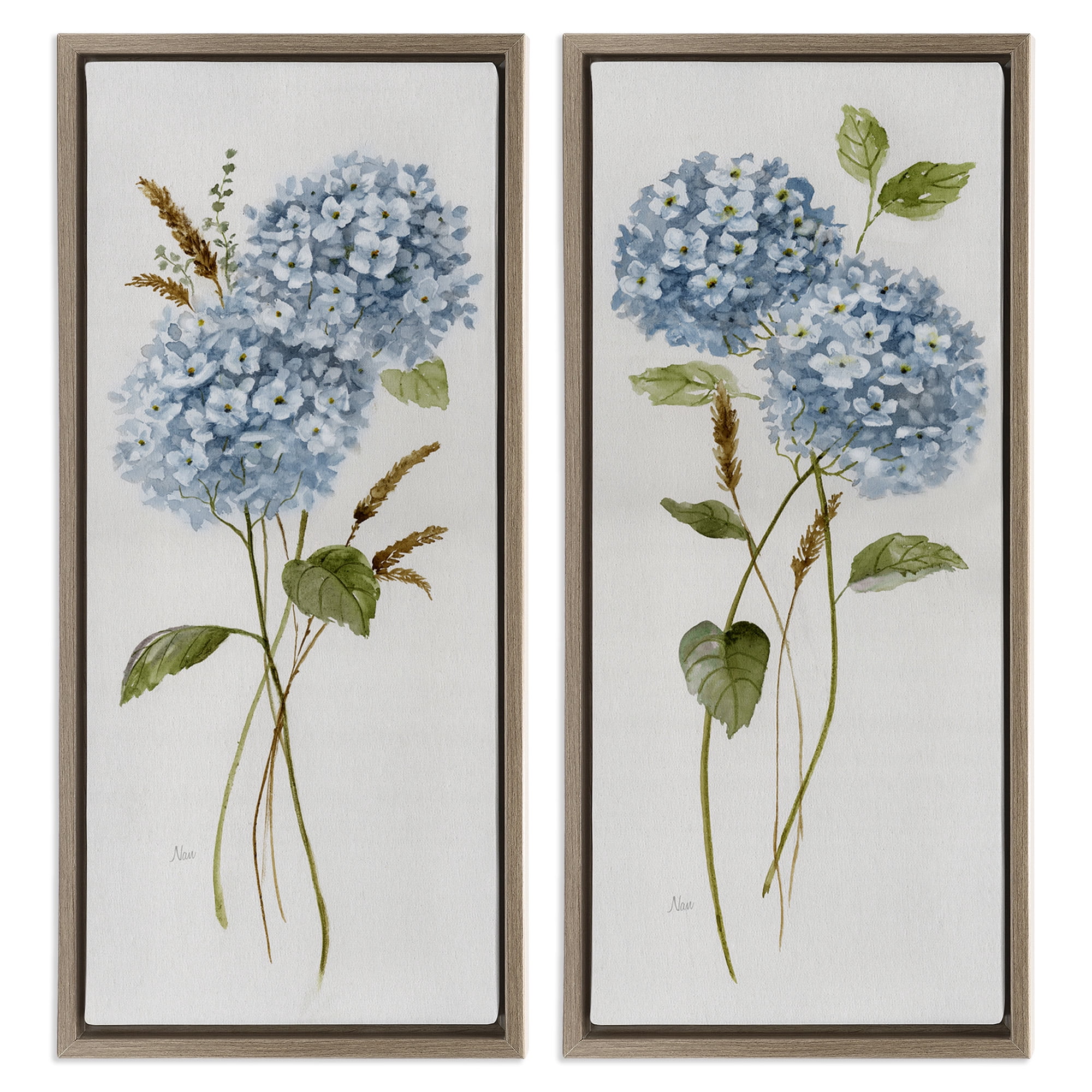 Stupell Industries Blue Hydrangea Long Stems Botanical & Floral Painting Brown Floater Framed Canvas Art Print Wall Art, 11 x 25, Set of 2