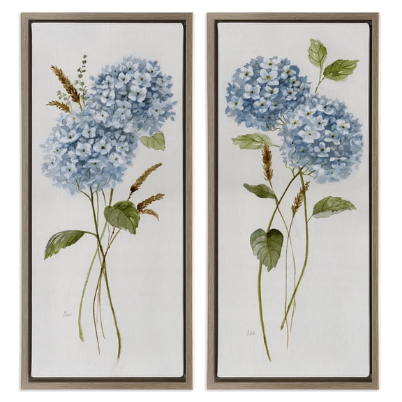 Stupell Industries Blue Hydrangea Long Stems Botanical & Floral Painting Brown Floater Framed Canvas Art Print Wall Art, 11 x 25, Set of 2