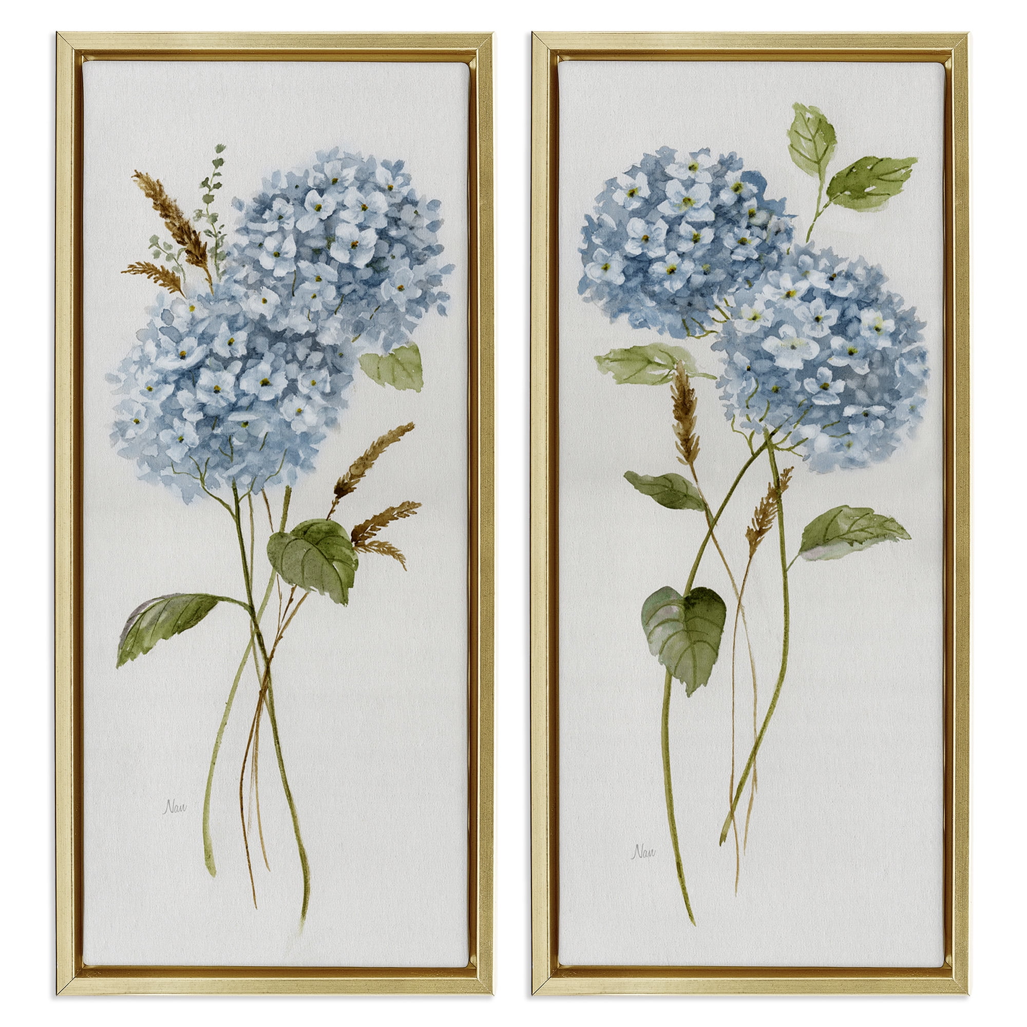 Stupell Industries Blue Hydrangea Long Stems Botanical & Floral Painting Gold Floater Framed Canvas Art Print Wall Art, 15 x 31, Set of 2