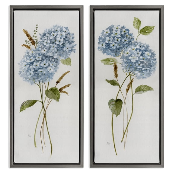 Stupell Industries Blue Hydrangea Long Stems Botanical & Floral Painting Gray Floater Framed Canvas Art Print Wall Art, 15 x 31, Set of 2