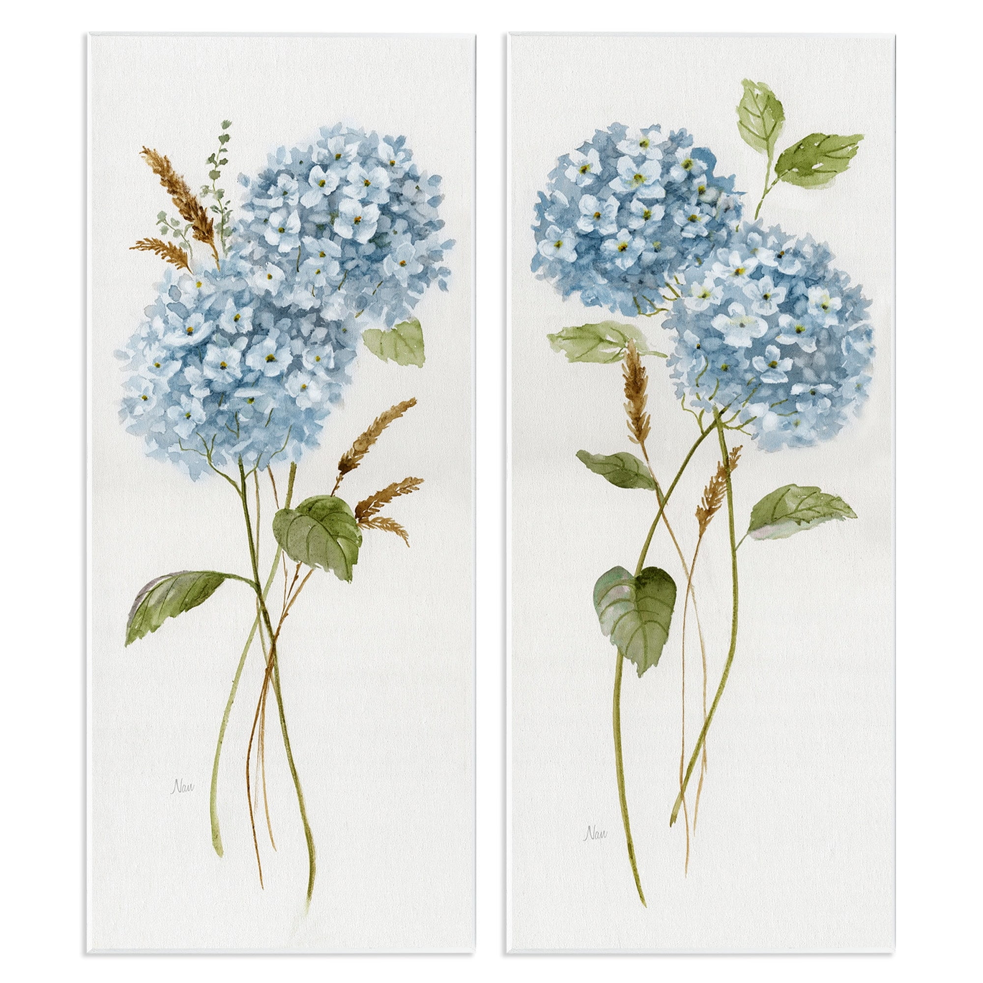 Blue Hydrangea Long Stems Vintage Wood Wall Art Set