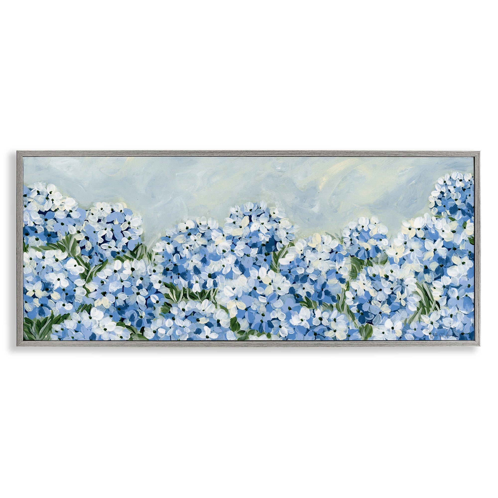 Stupell Industries Blue Hydrangea Meadow Plants & Flowers Painting Gray Framed Art Print Wall Art, 30 x 13