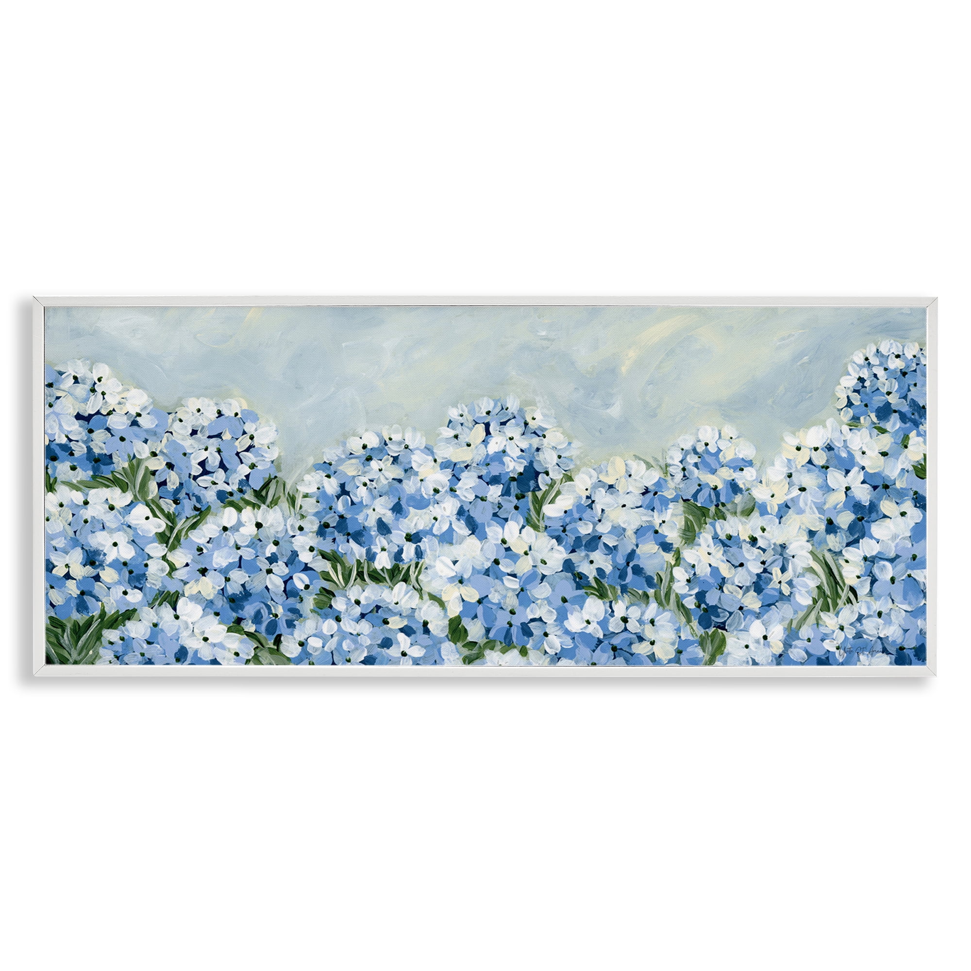 Stupell Industries Blue Hydrangea Meadow Plants & Flowers Painting White Framed Art Print Wall Art, 30 x 13