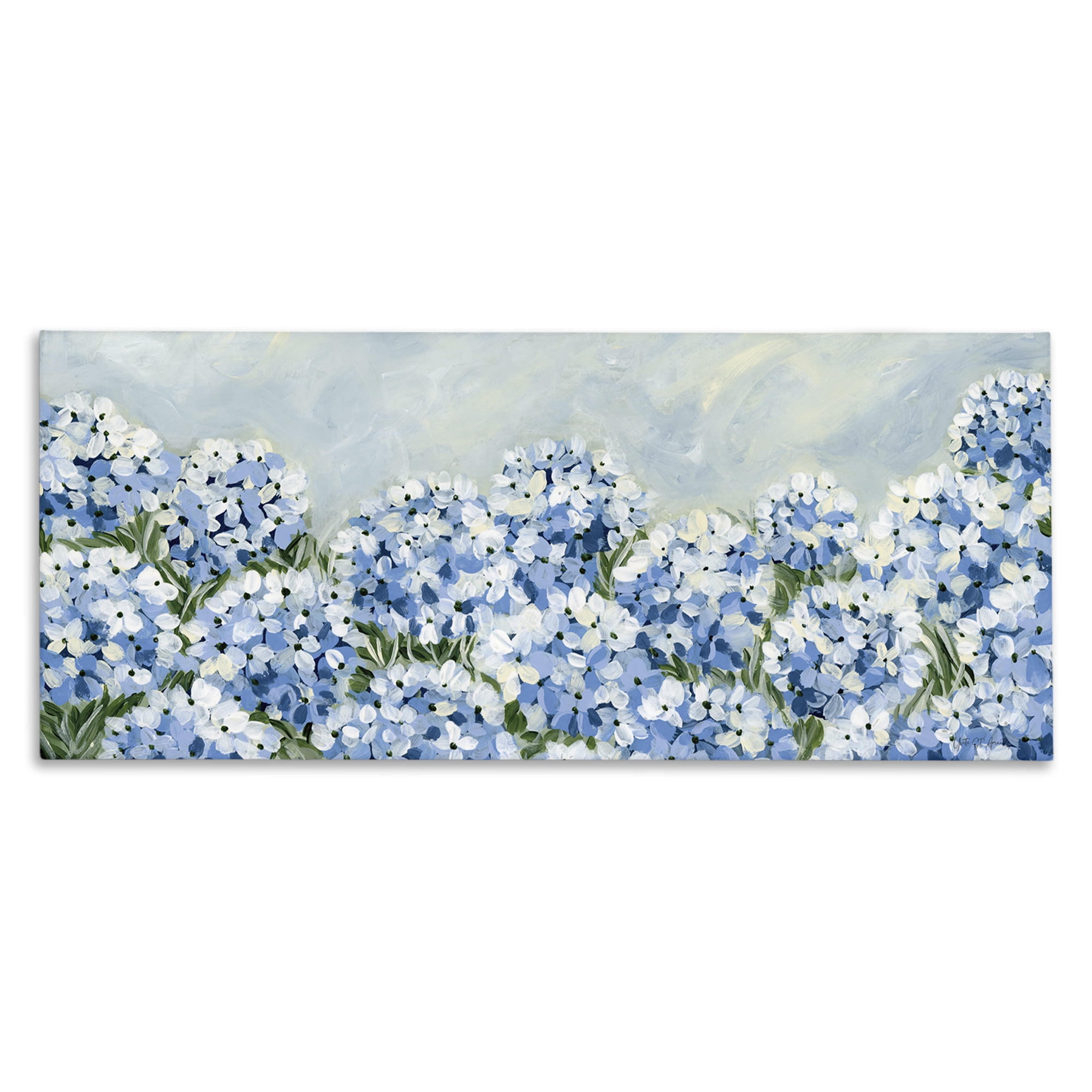 Stupell Industries Blue Hydrangea Meadow Plants & Flowers Painting Wrapped Canvas Art Print Wall Art, 24 x 10