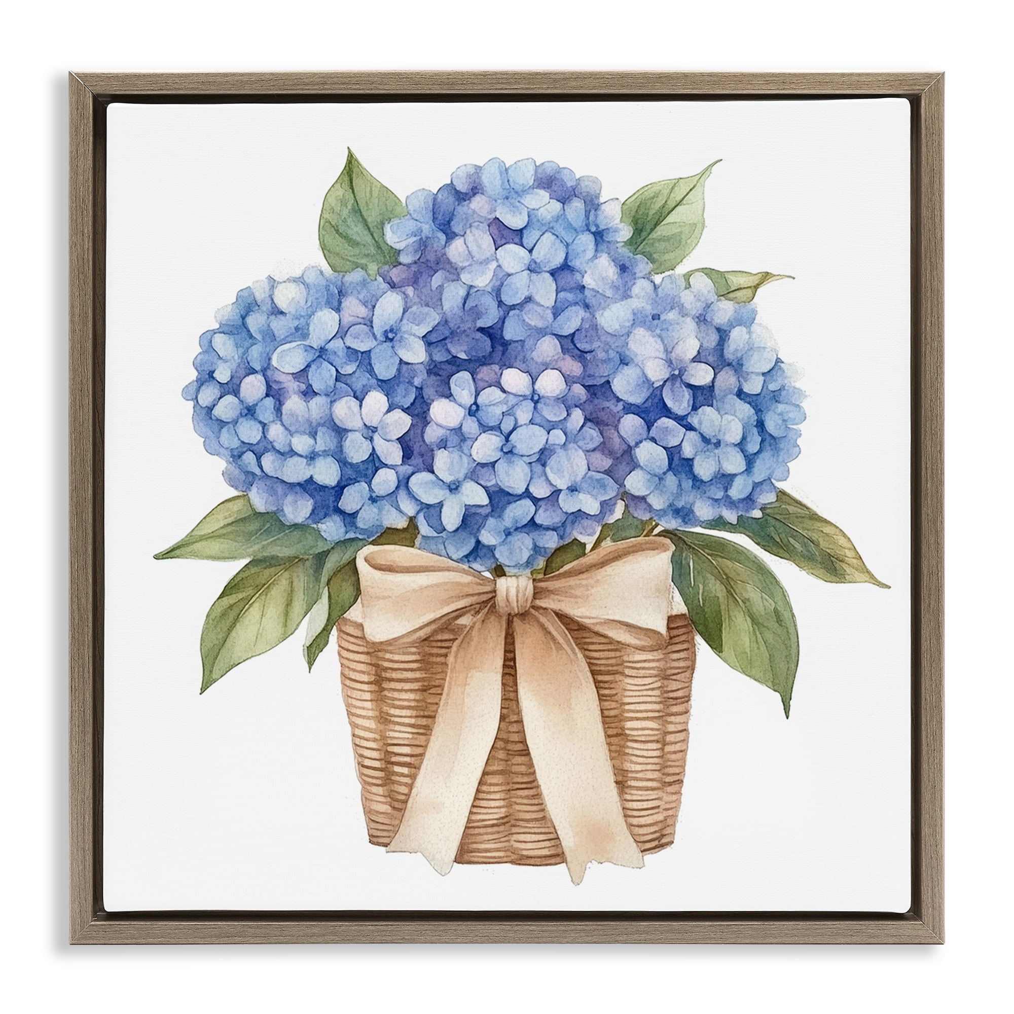 Stupell Industries Blue Hydrangea Picnic Basket Brown Framed Floater Canvas Wall Art, design by Petal Prints Design
