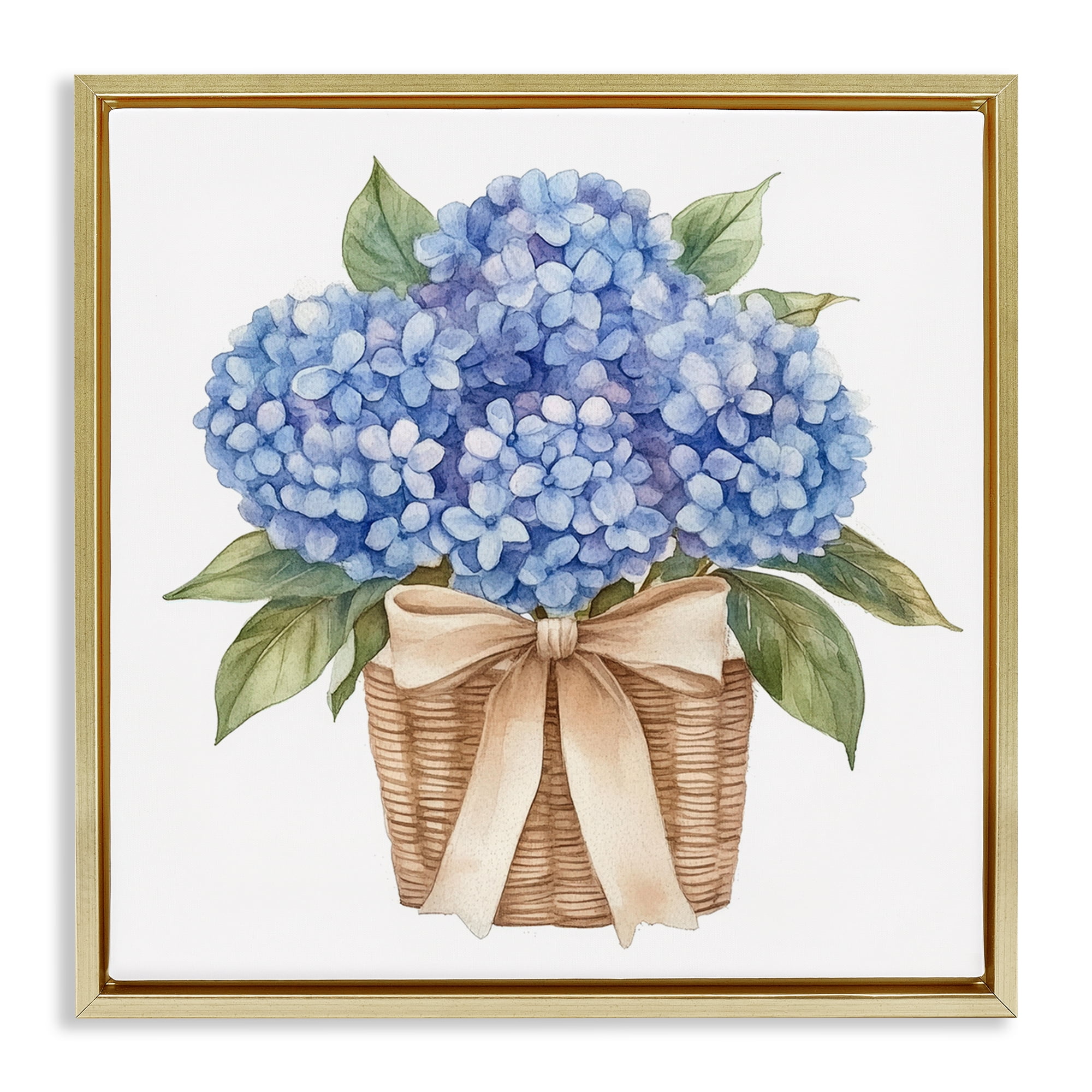 Stupell Industries Blue Hydrangea Picnic Basket Gold Framed Floater Canvas Wall Art, design by Petal Prints Design