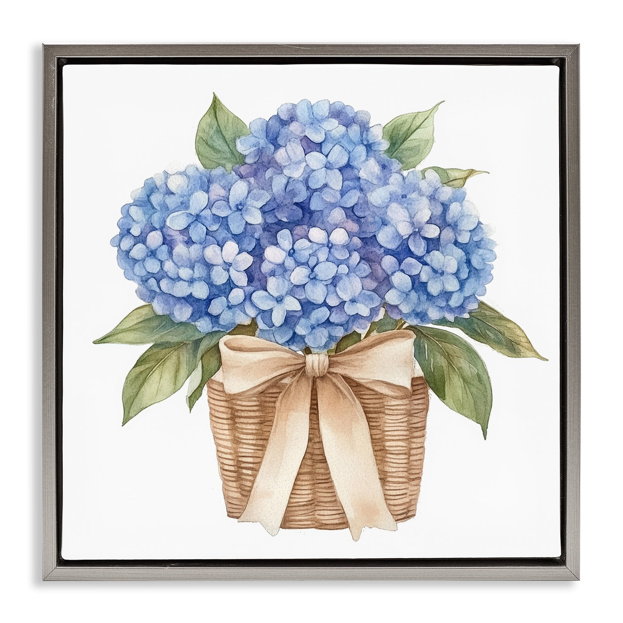 Stupell Industries Blue Hydrangea Picnic Basket Gray Framed Floater Canvas Wall Art, design by Petal Prints Design
