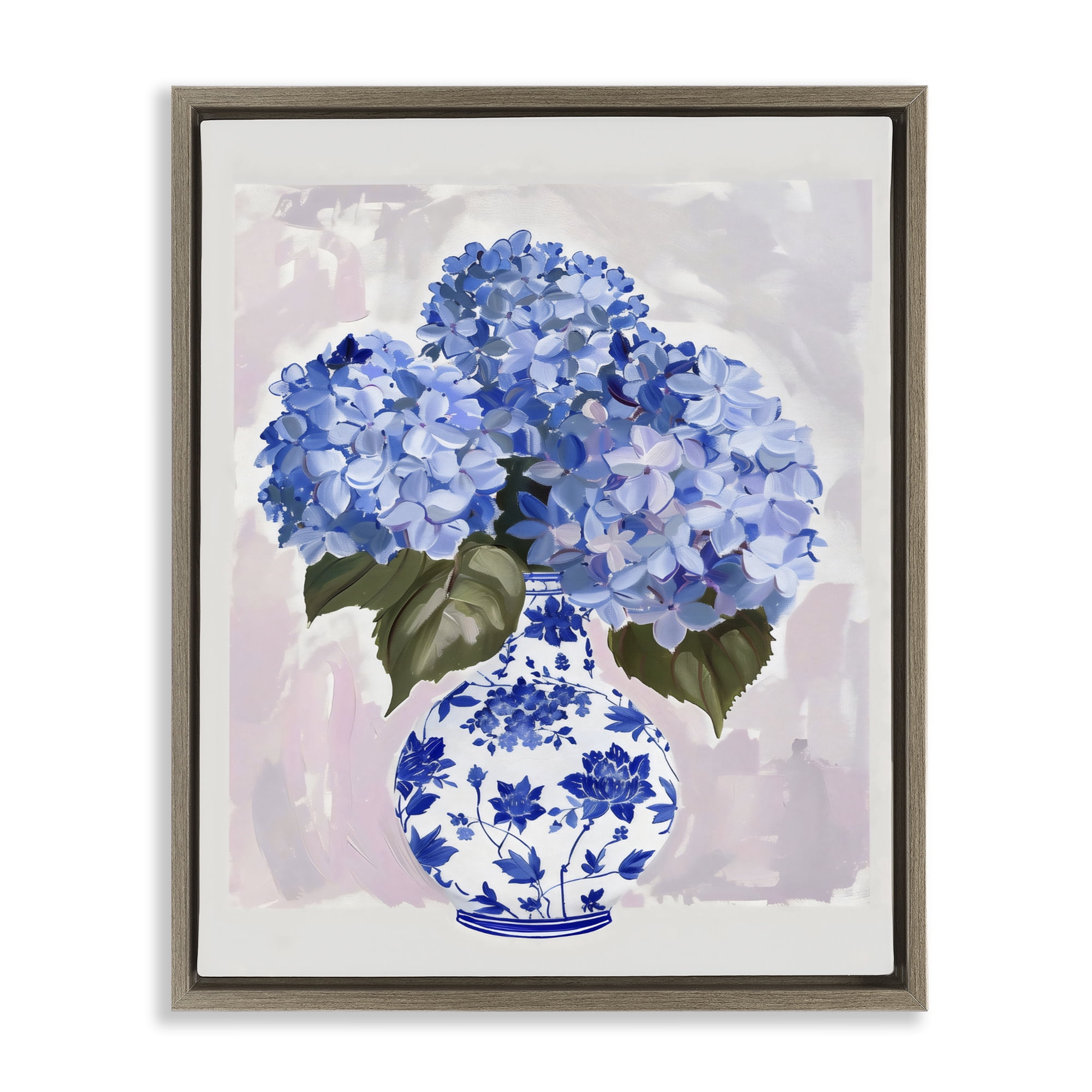 Stupell Industries Blue Hydrangea in Porcelain Vase Brown Framed Floater Canvas Wall Art, design by The Prints Vibe