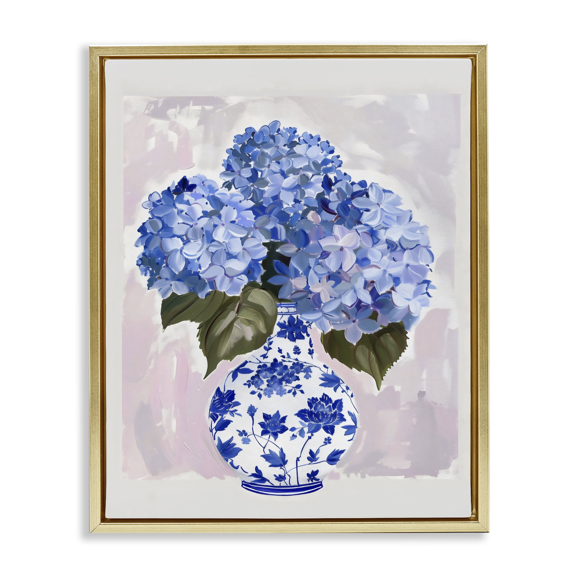 Stupell Industries Blue Hydrangea in Porcelain Vase Gold Framed Floater Canvas Wall Art, design by The Prints Vibe