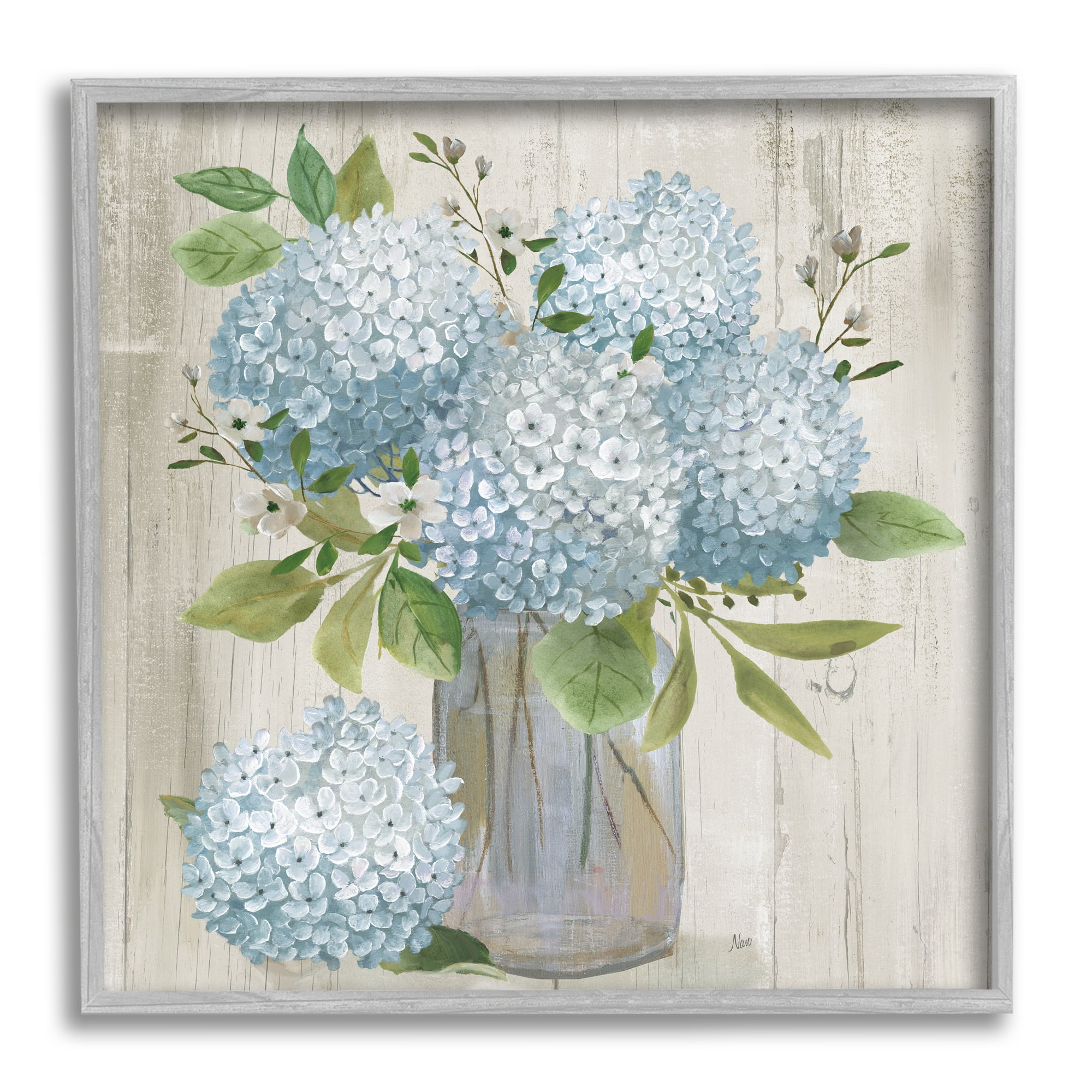 Stupell Industries Blue Hydrangeas Country Vase Botanical & Floral Painting Gray Framed Art Print Wall Art, 24 x 24