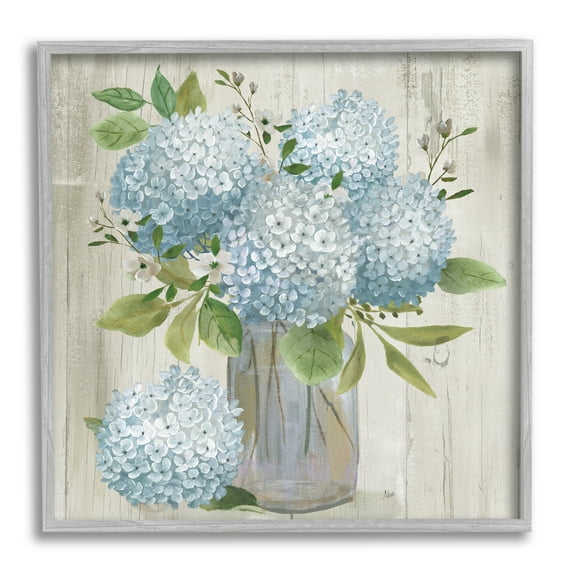 Stupell Industries Blue Hydrangeas Country Vase Botanical & Floral Painting Gray Framed Art Print Wall Art, 24 x 24