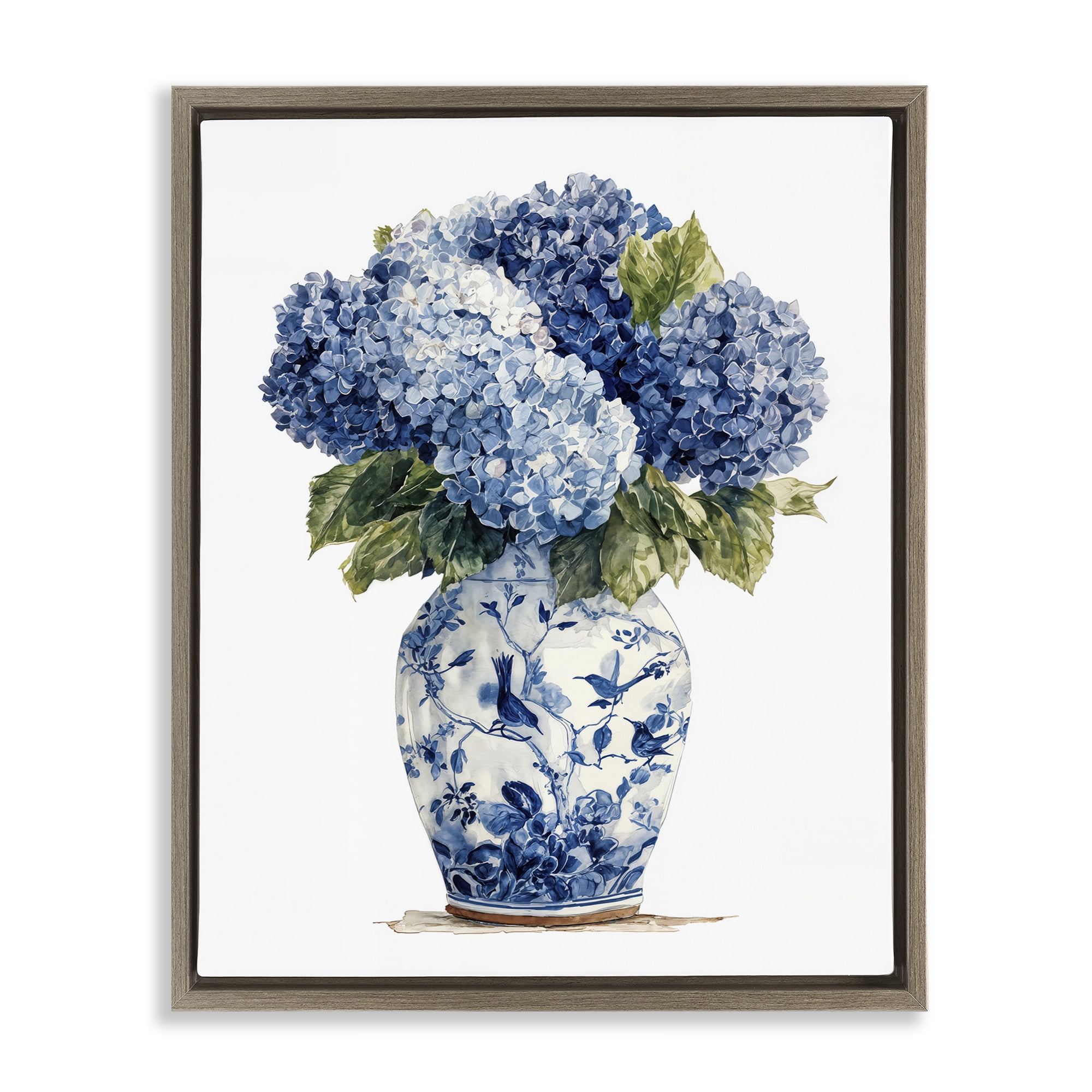 Stupell Industries Blue Hydrangeas in Porcelain Brown Framed Floater Canvas Wall Art, design by Imagine It Images