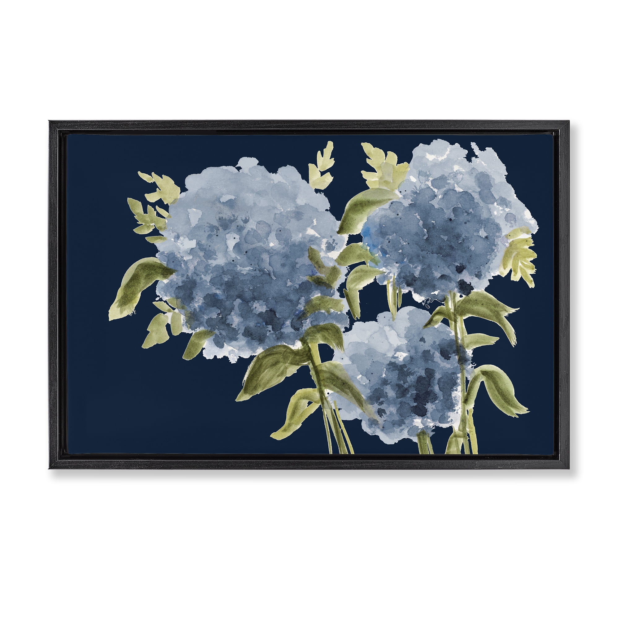 Stupell Industries Blue Hydrangeas on Indigo Black Framed Floater Canvas Wall Art, design by Janice Gaynor