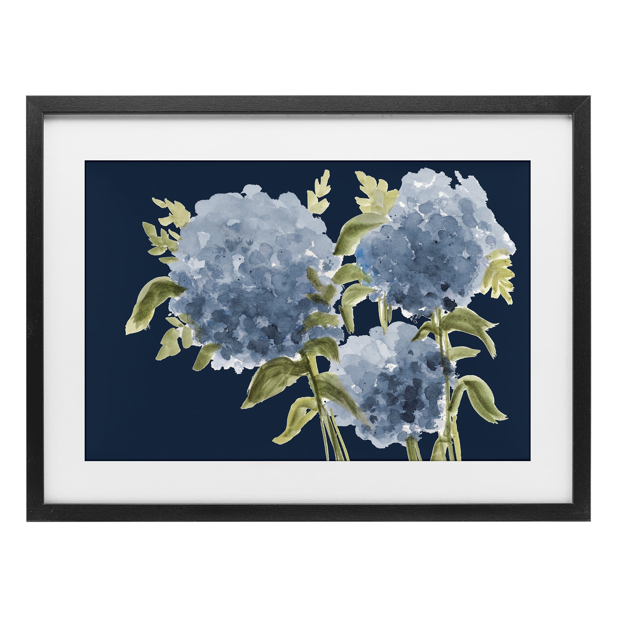 Stupell Industries Blue Hydrangeas on Indigo Black Framed Print Under Glass, design by Janice Gaynor