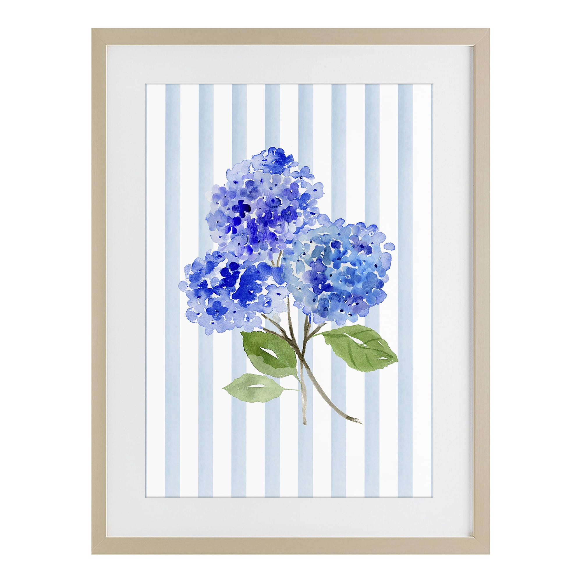 Stupell Industries Blue Hydrangeas over Stripes Birch Framed Print Under Glass, design by Corinne Haig