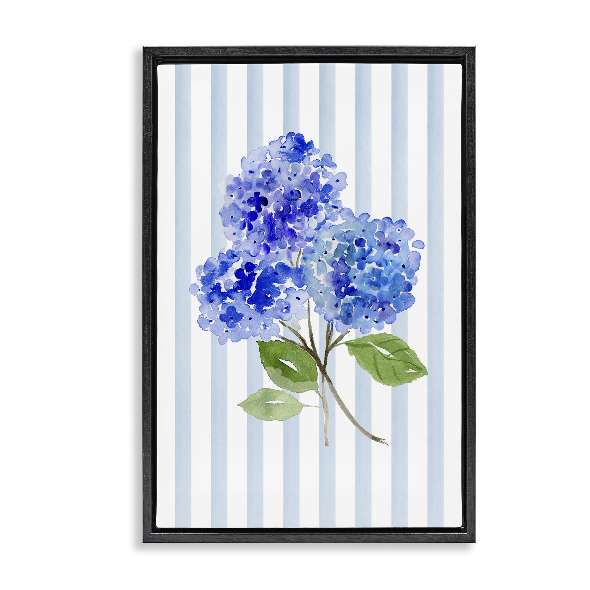 Stupell Industries Blue Hydrangeas over Stripes Black Framed Floater Canvas Wall Art, design by Corinne Haig