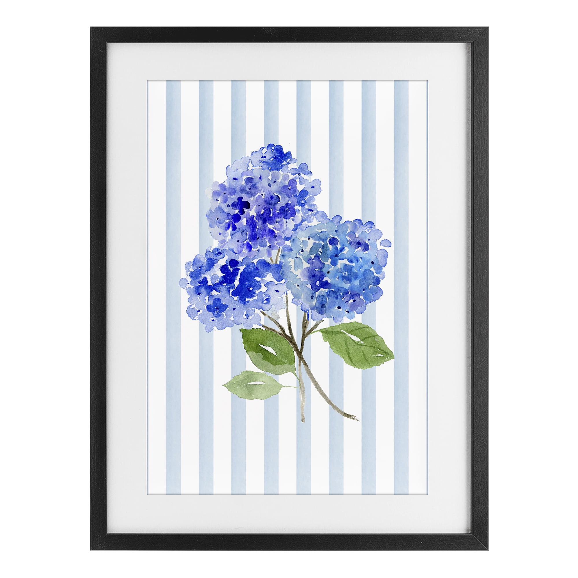 Stupell Industries Blue Hydrangeas over Stripes Black Framed Print Under Glass, design by Corinne Haig