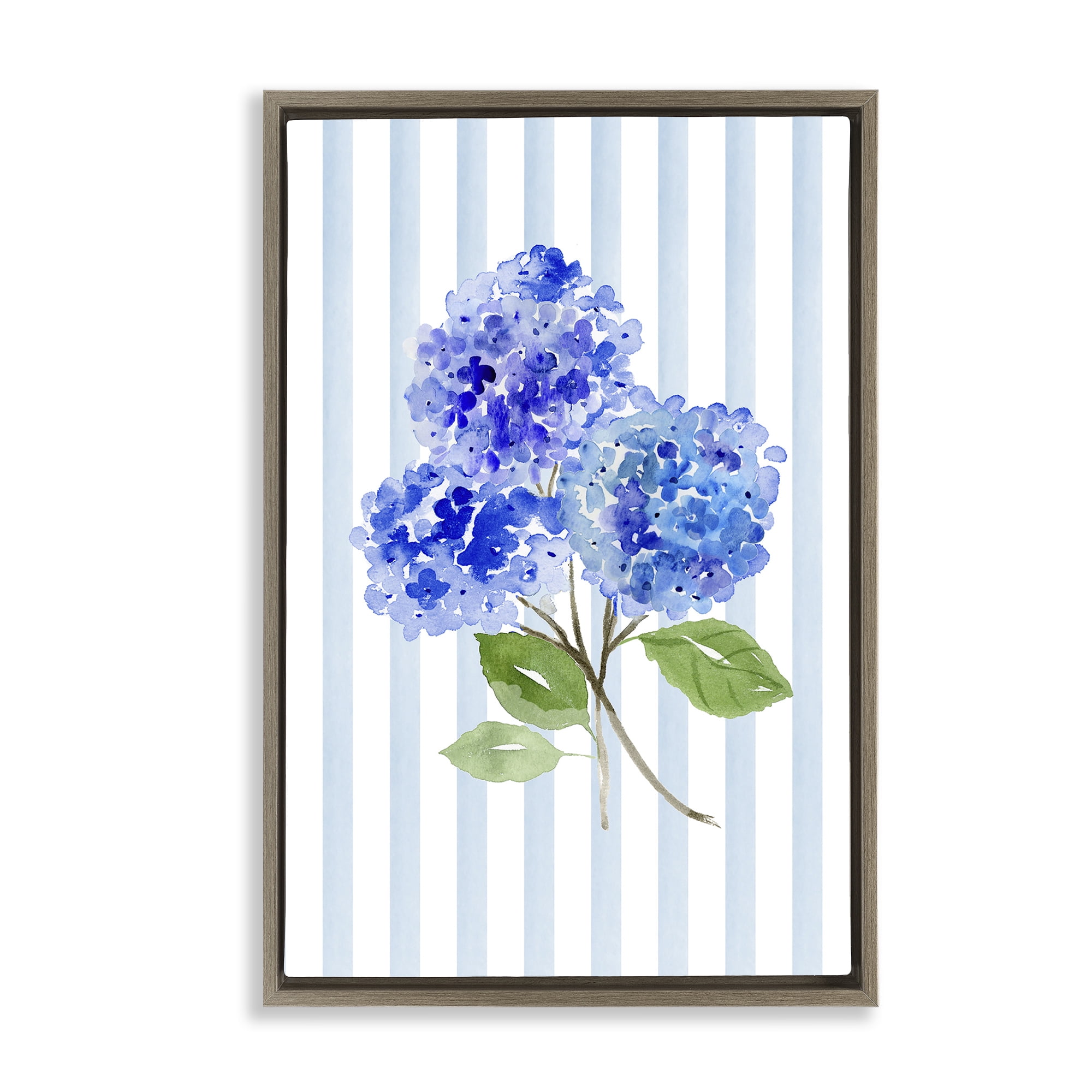 Stupell Industries Blue Hydrangeas over Stripes Brown Framed Floater Canvas Wall Art, design by Corinne Haig
