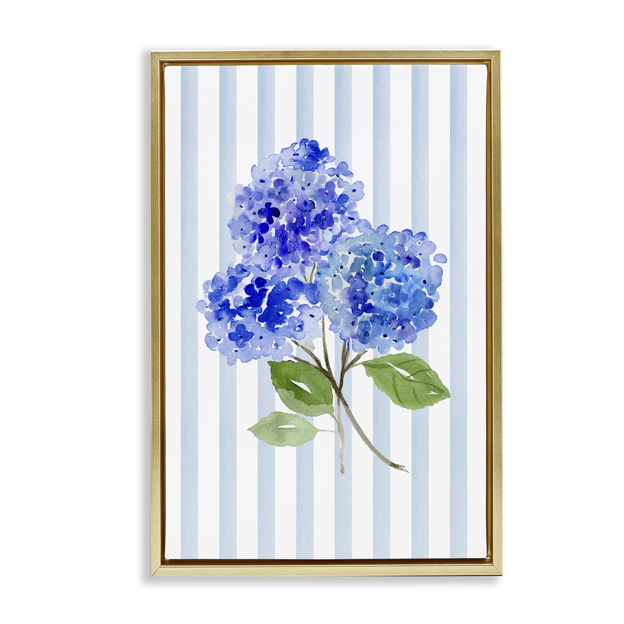Stupell Industries Blue Hydrangeas over Stripes Gold Framed Floater Canvas Wall Art, design by Corinne Haig