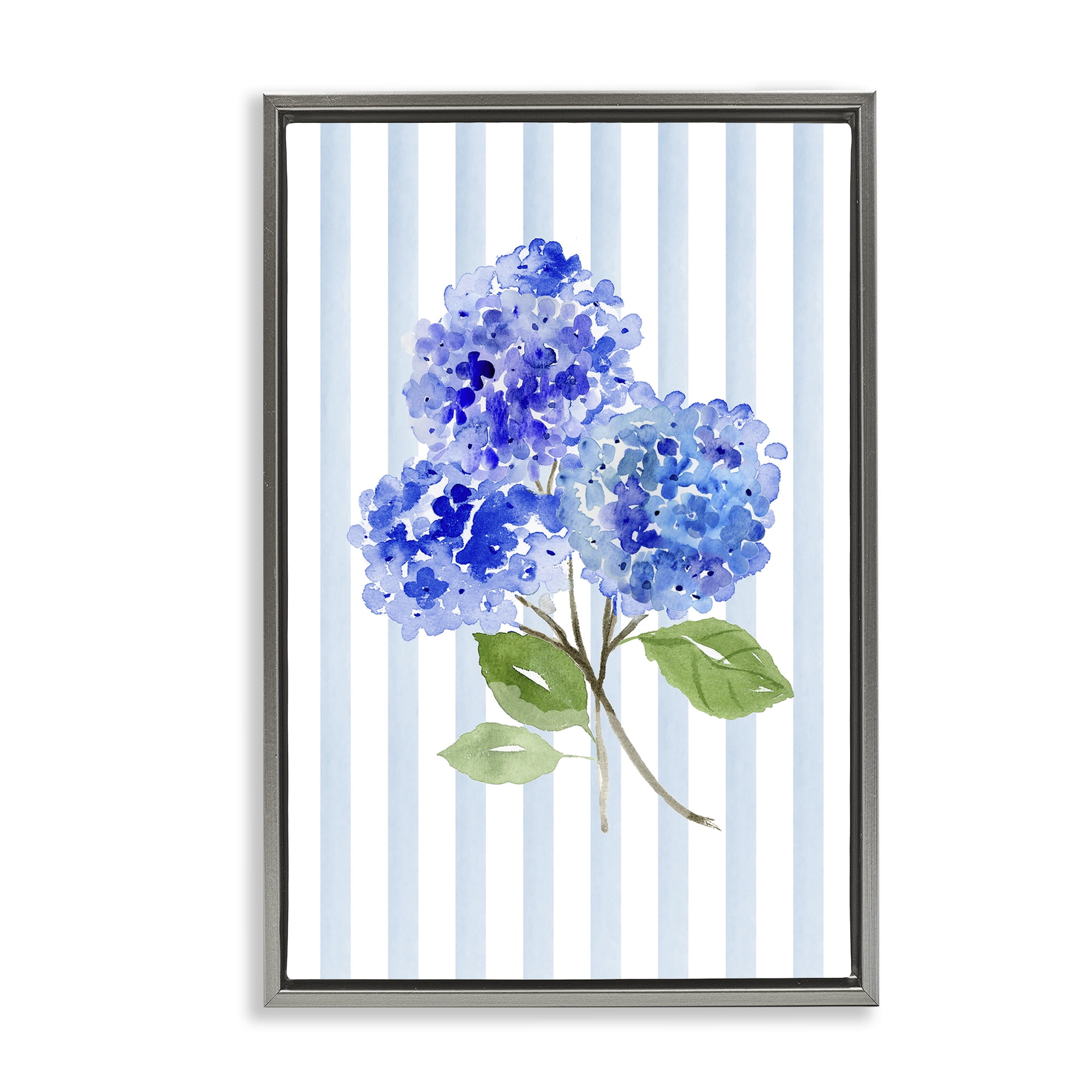 Stupell Industries Blue Hydrangeas over Stripes Gray Framed Floater Canvas Wall Art, design by Corinne Haig
