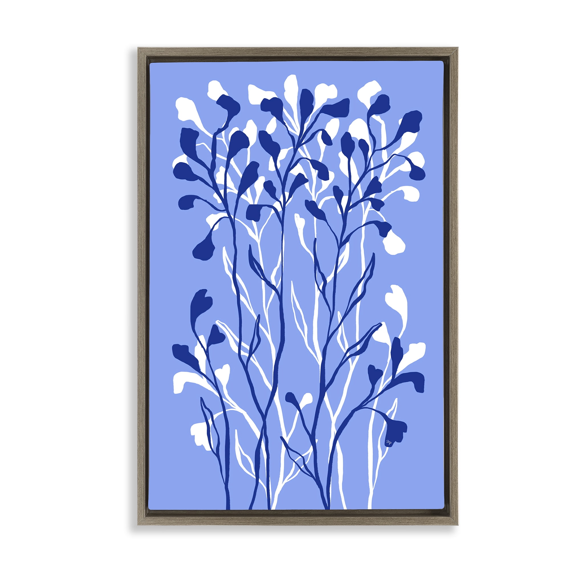 Stupell Industries Blue Intertwining Sprigs Plants & Flowers Painting Brown Floater Framed Canvas Art Print Wall Art, 17 x 25