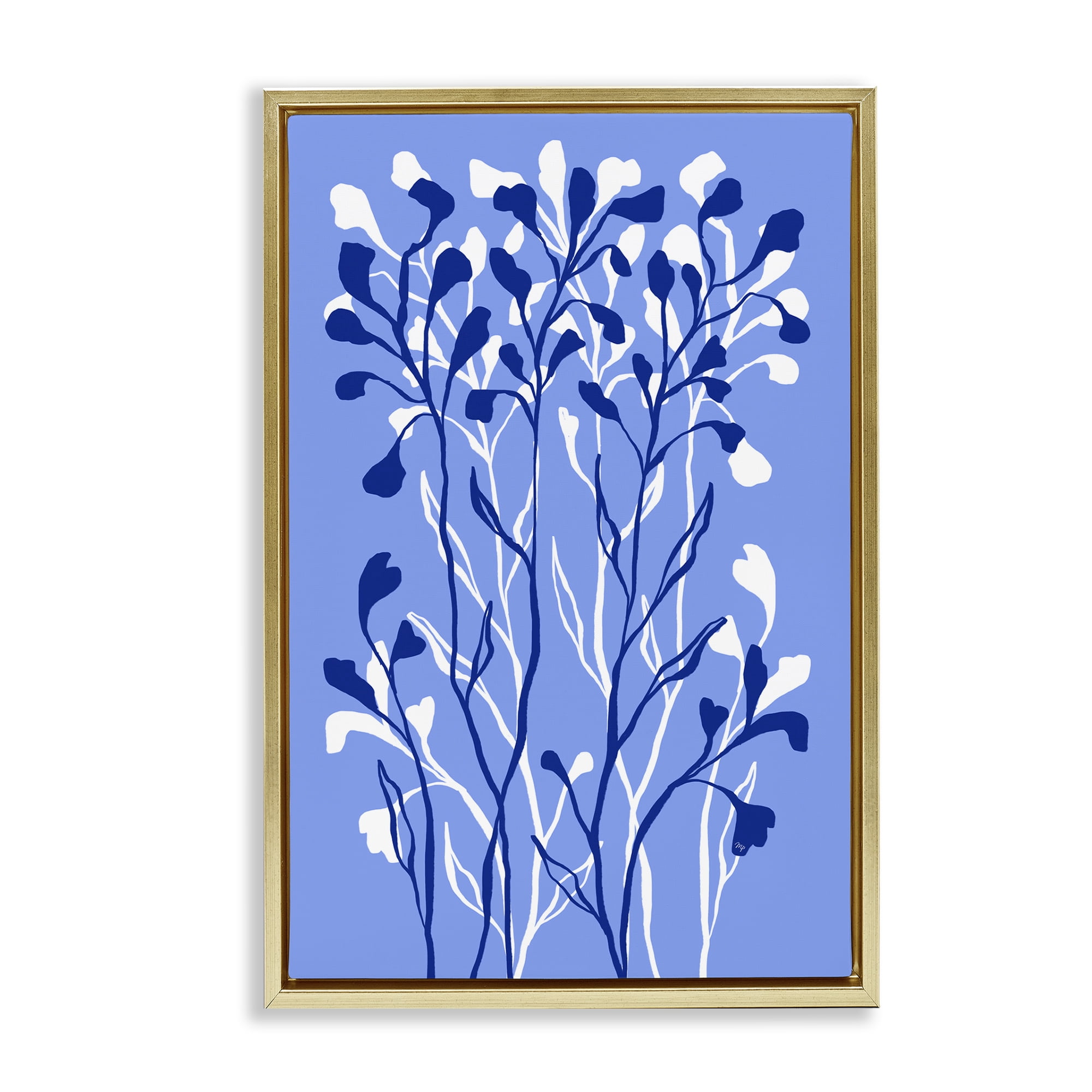 Stupell Industries Blue Intertwining Sprigs Plants & Flowers Painting Gold Floater Framed Canvas Art Print Wall Art, 21 x 31