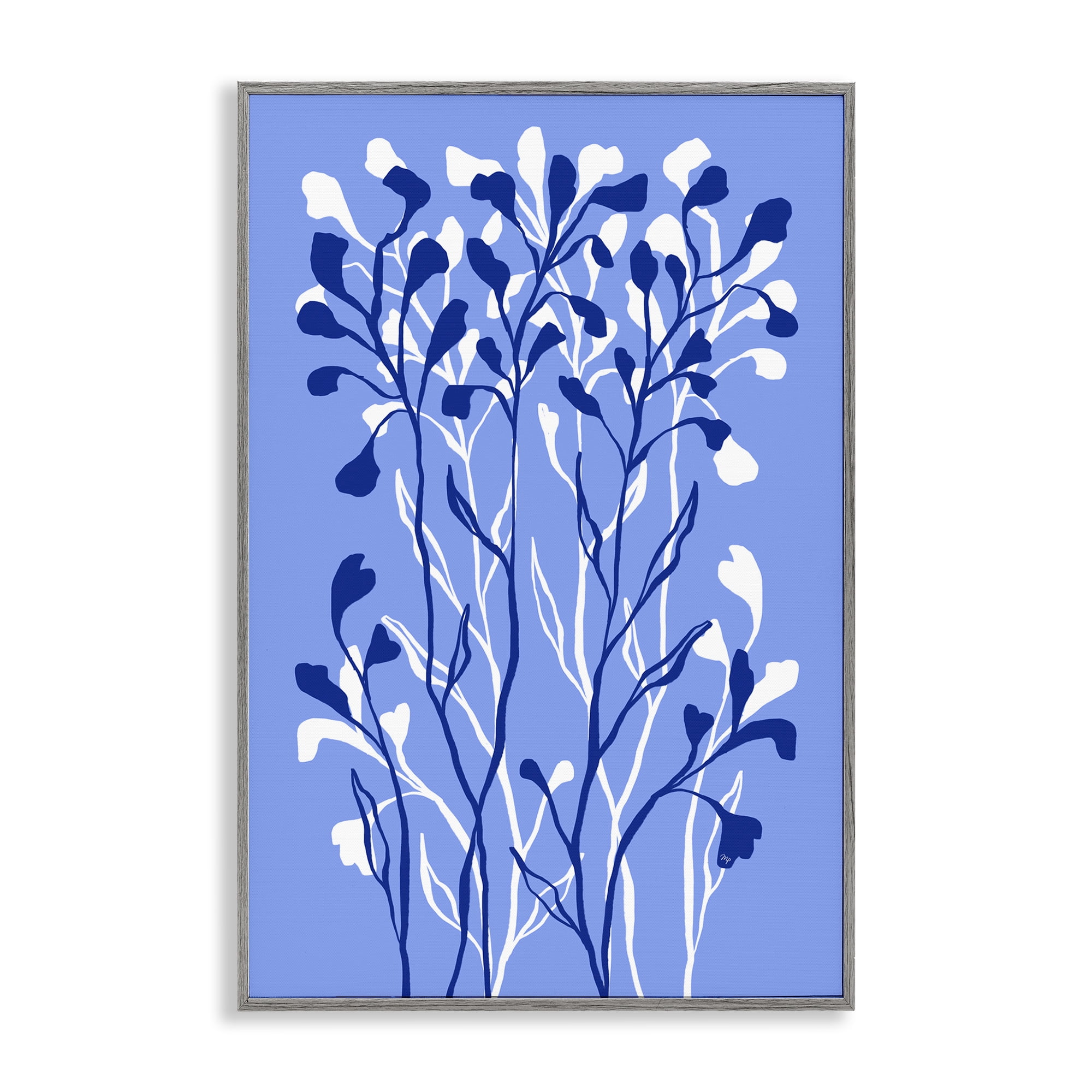 Stupell Industries Blue Intertwining Sprigs Plants & Flowers Painting Gray Framed Art Print Wall Art, 20 x 30
