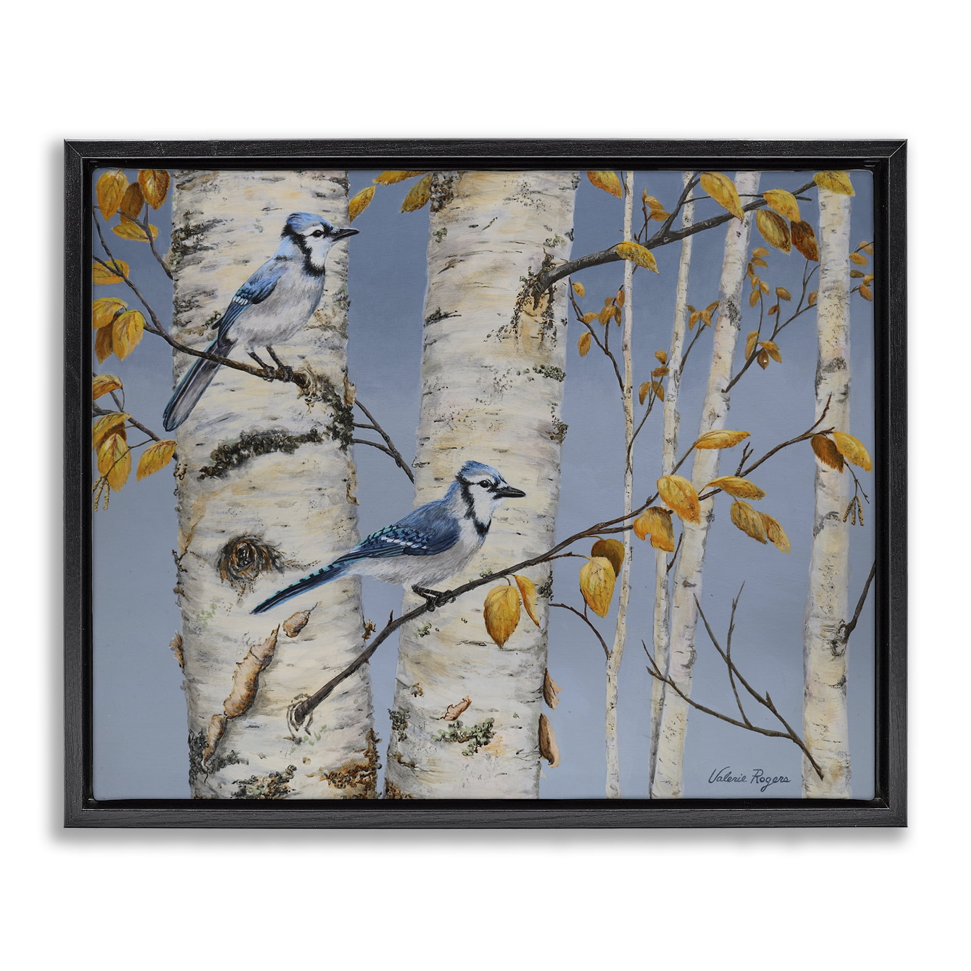Stupell Industries Blue Jay Autumn Day Landscape & Nature Painting Black Floater Framed Canvas Art Print Wall Art, 21 x 17