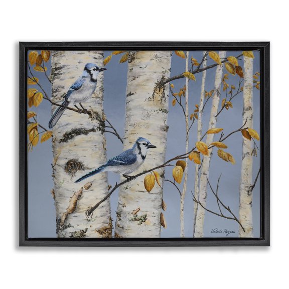 Stupell Industries Blue Jay Autumn Day Landscape & Nature Painting Black Floater Framed Canvas Art Print Wall Art, 21 x 17