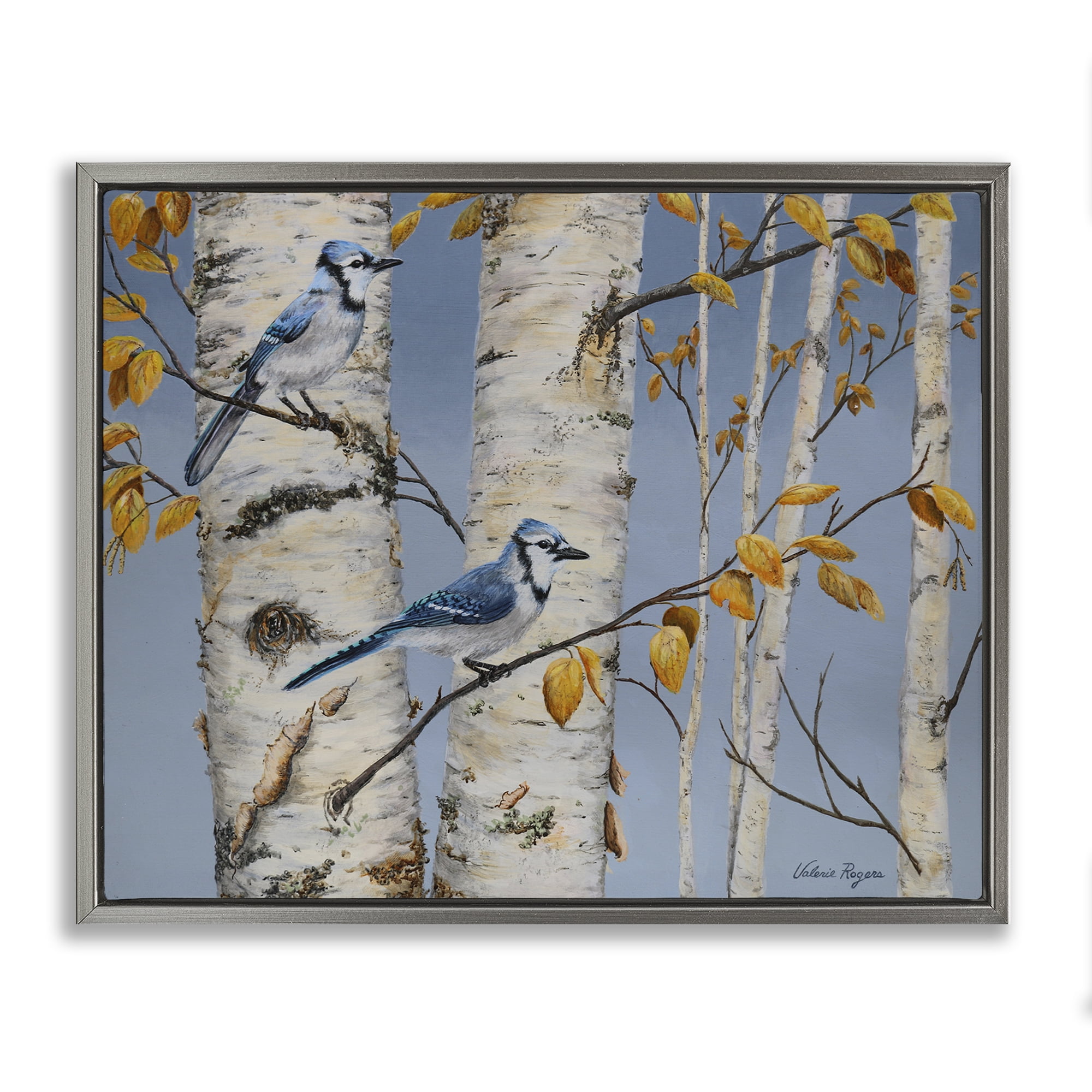Stupell Industries Blue Jay Autumn Day Landscape & Nature Painting Gray Floater Framed Canvas Art Print Wall Art, 31 x 25