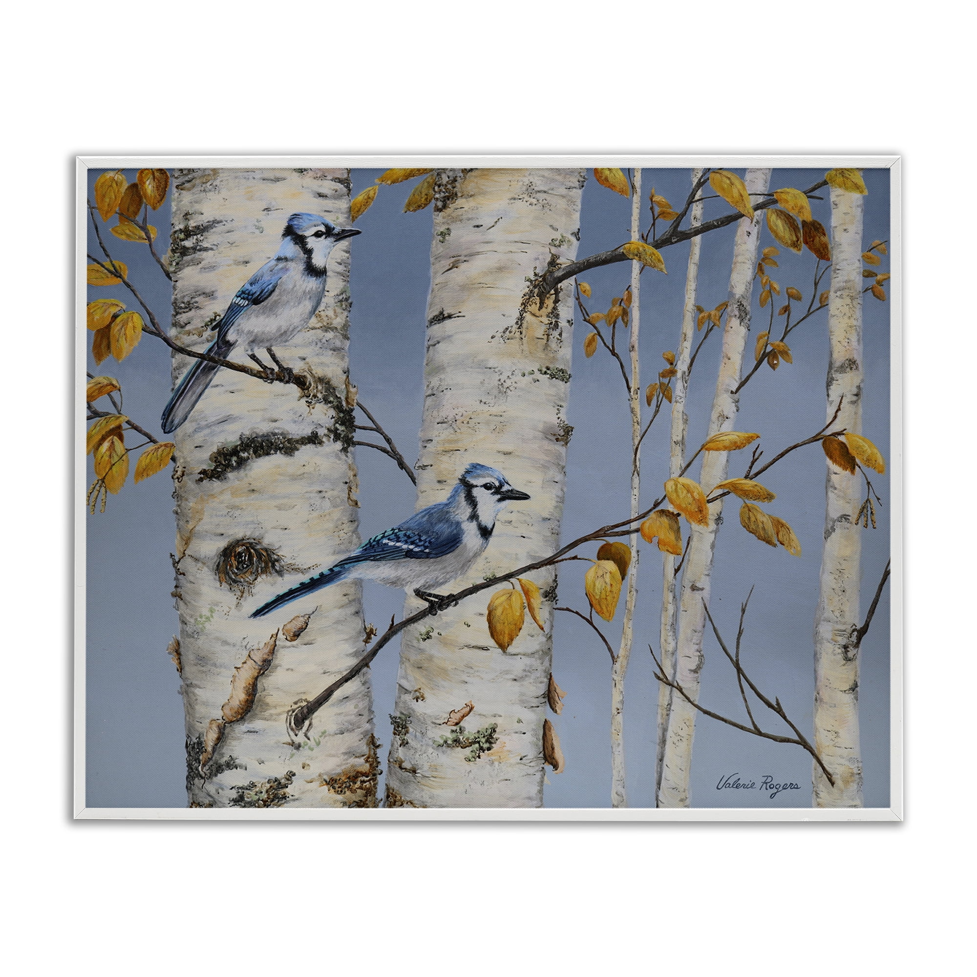 Stupell Industries Blue Jay Autumn Day Landscape & Nature Painting White Framed Art Print Wall Art, 14 x 11