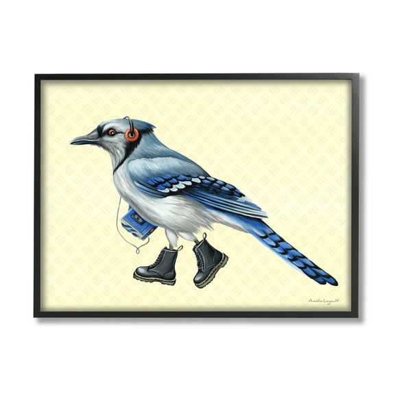 Stupell Industries Blue Jay Bird Combat Boots Retro Tape Cassette Graphic Art Black Framed Art Print Wall Art, Design by Amelie Legault