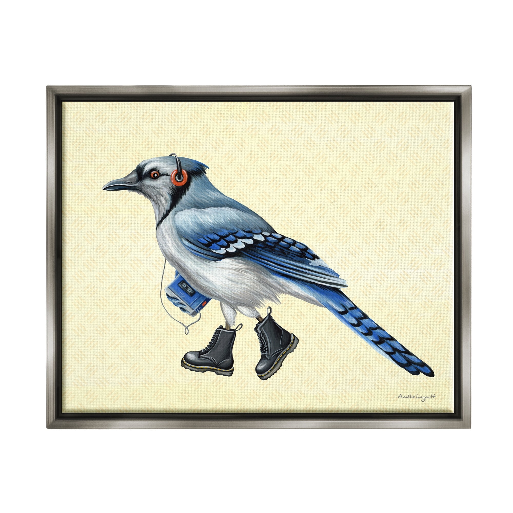 Stupell Industries Blue Jay Bird Combat Boots Retro Tape Cassette Graphic Art Luster Gray Floating Framed Canvas Print Wall Art, Design by Amelie Legault