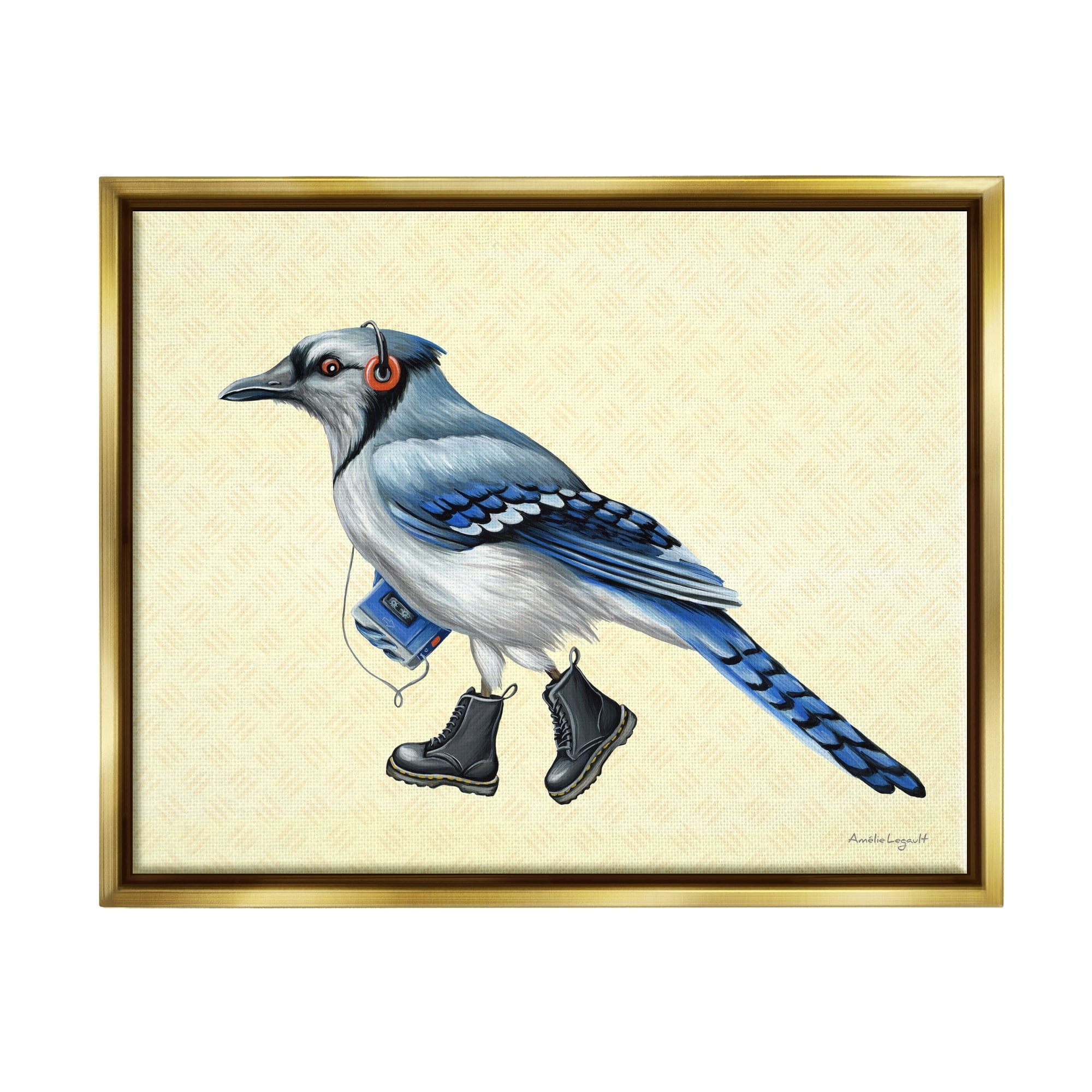 Stupell Industries Blue Jay Bird Combat Boots Retro Tape Cassette Graphic Art Metallic Gold Floating Framed Canvas Print Wall Art, Design by Amelie Legault