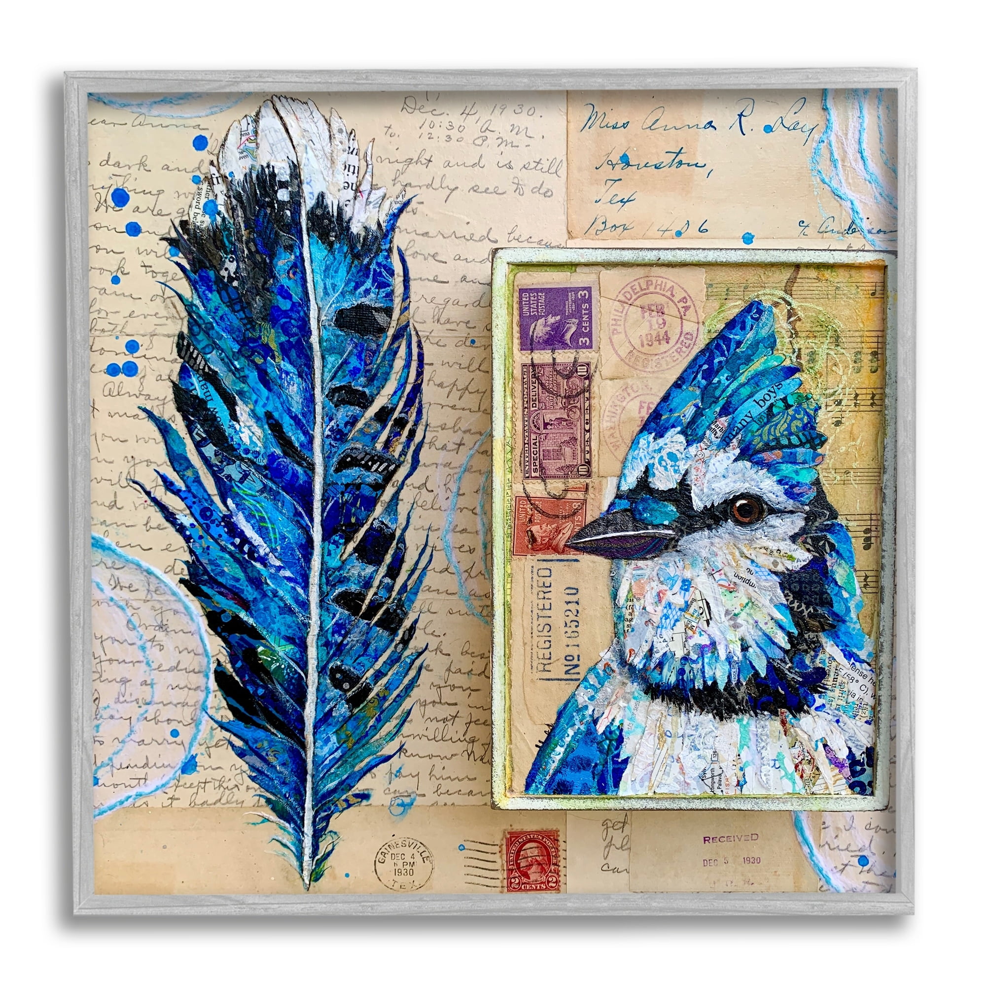 Stupell Industries Blue Jay Collaged Ephemera Feather Bird Painting Painting Gray Framed Art Print Wall Art, Design by Lisa Morales
