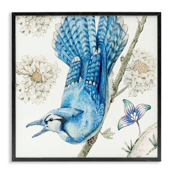 Stupell Industries Blue Jay Perched Florals Animals Painting Black Framed Art Print Wall Art, 12 x 12