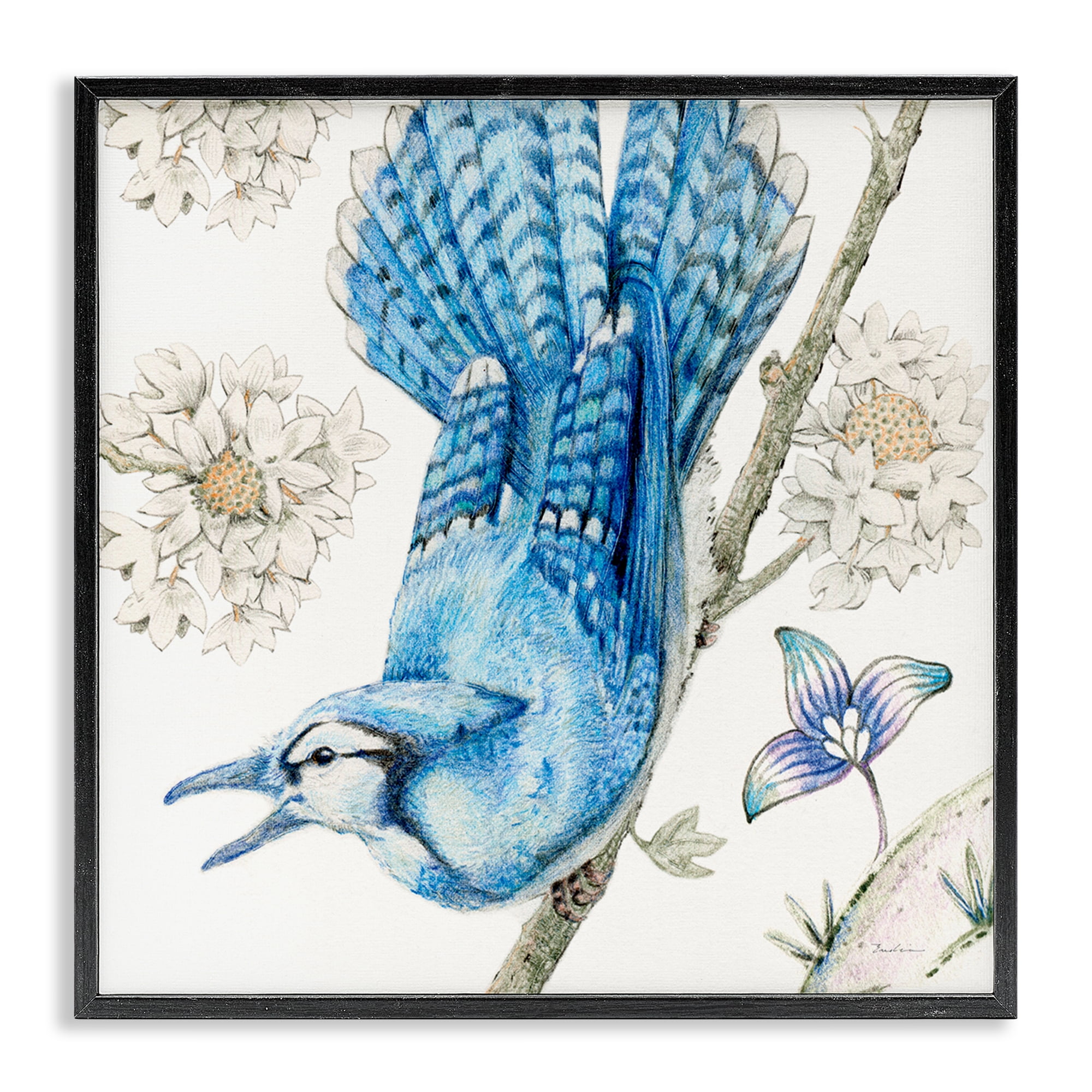Stupell Industries Blue Jay Perched Florals Animals Painting Black Framed Art Print Wall Art, 24 x 24