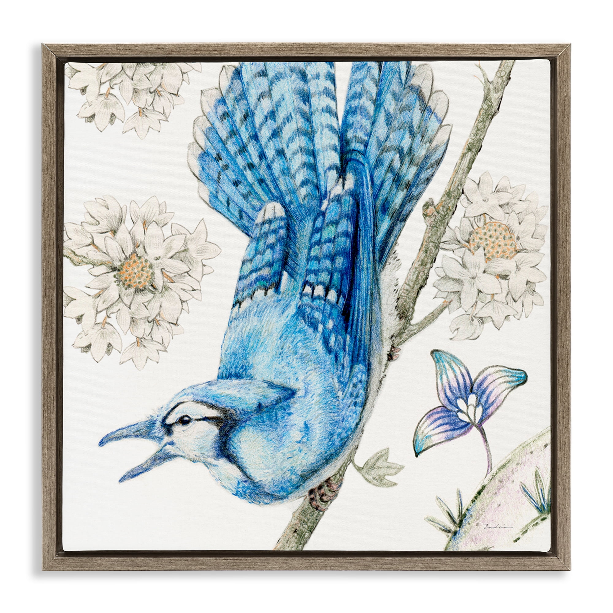 Stupell Industries Blue Jay Perched Florals Animals Painting Brown Floater Framed Canvas Art Print Wall Art, 25 x 25
