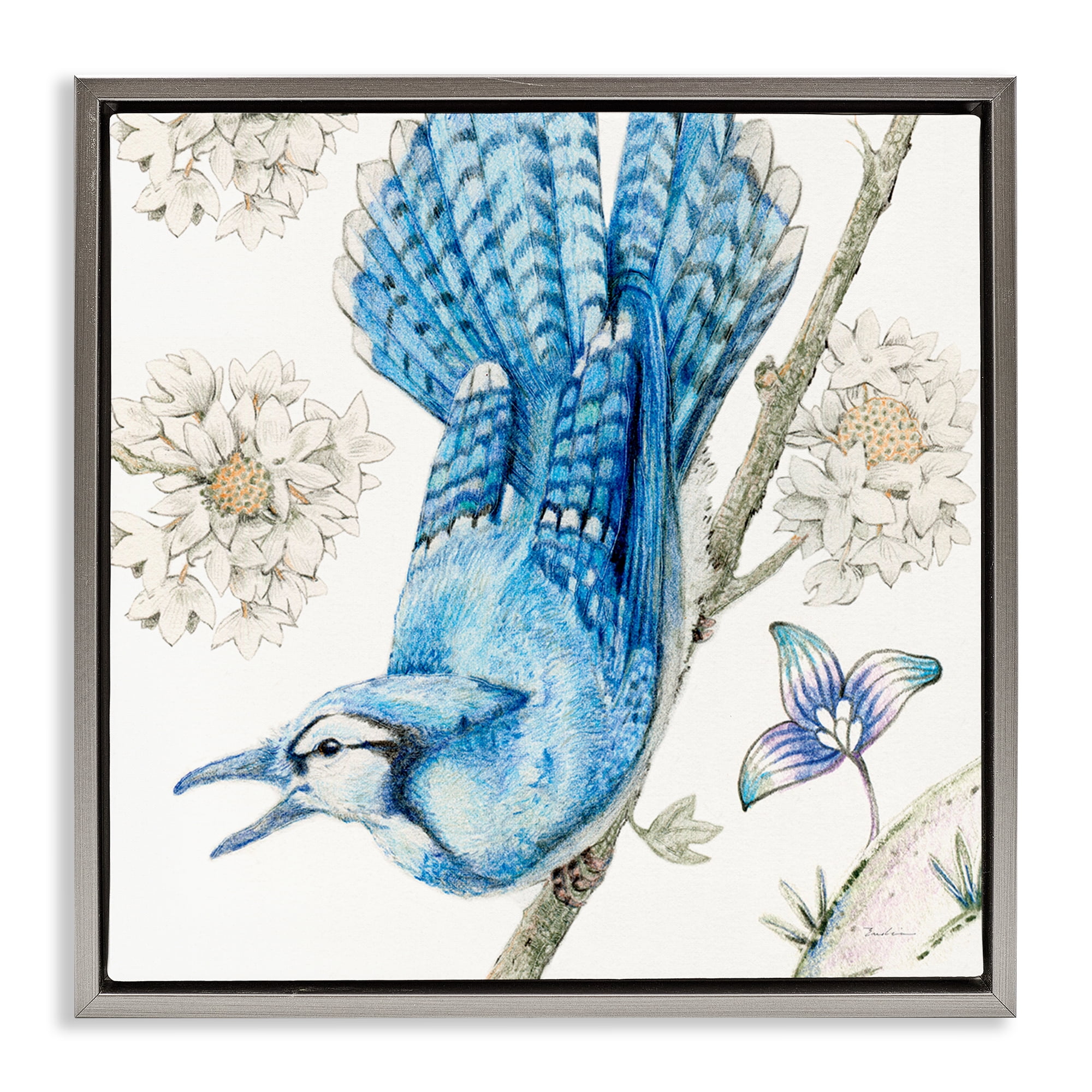 Stupell Industries Blue Jay Perched Florals Animals Painting Gray Floater Framed Canvas Art Print Wall Art, 18 x 18