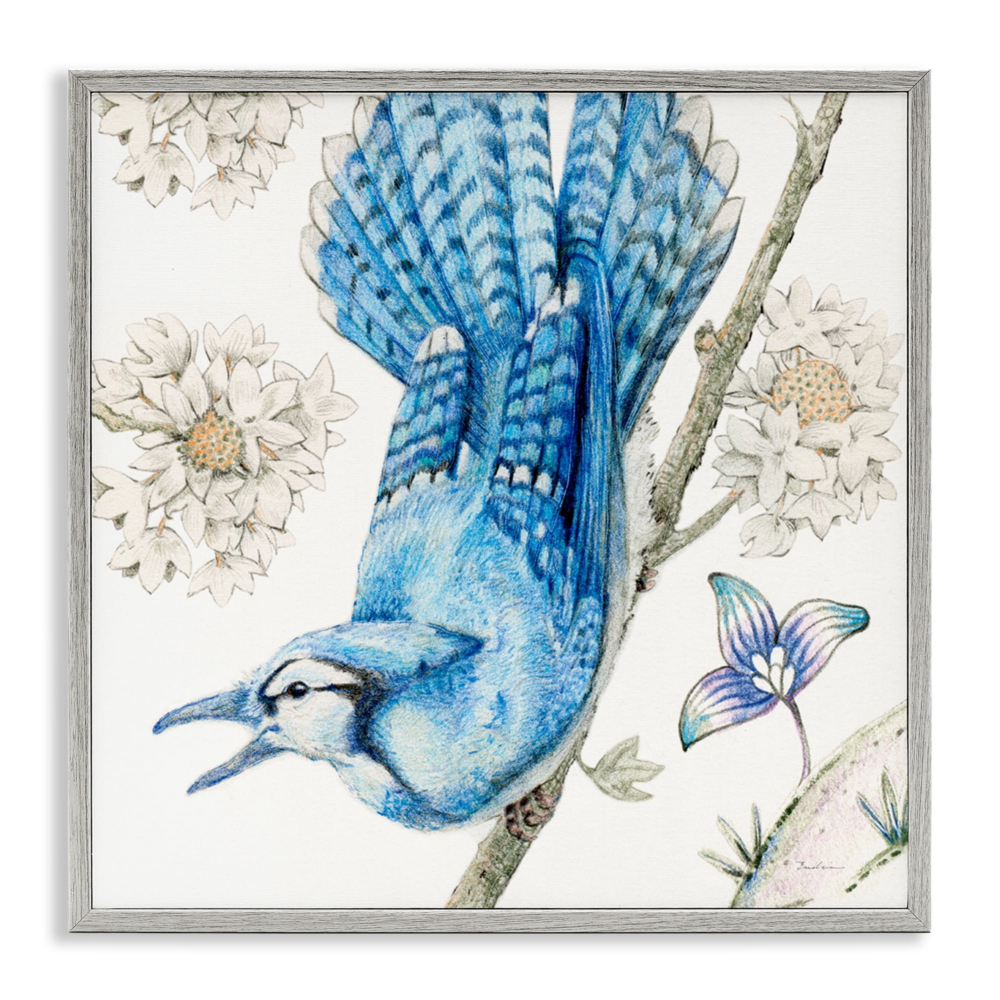 Stupell Industries Blue Jay Perched Florals Animals Painting Gray Framed Art Print Wall Art, 12 x 12