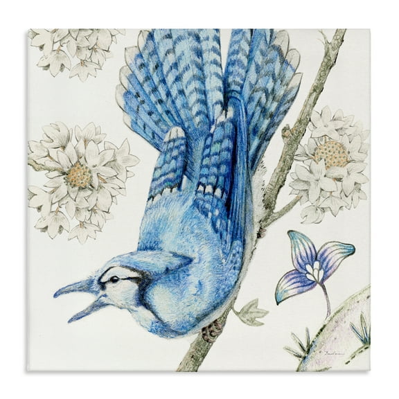 Stupell Industries Blue Jay Perched Florals Animals Painting Wrapped Canvas Art Print Wall Art, 17 x 17